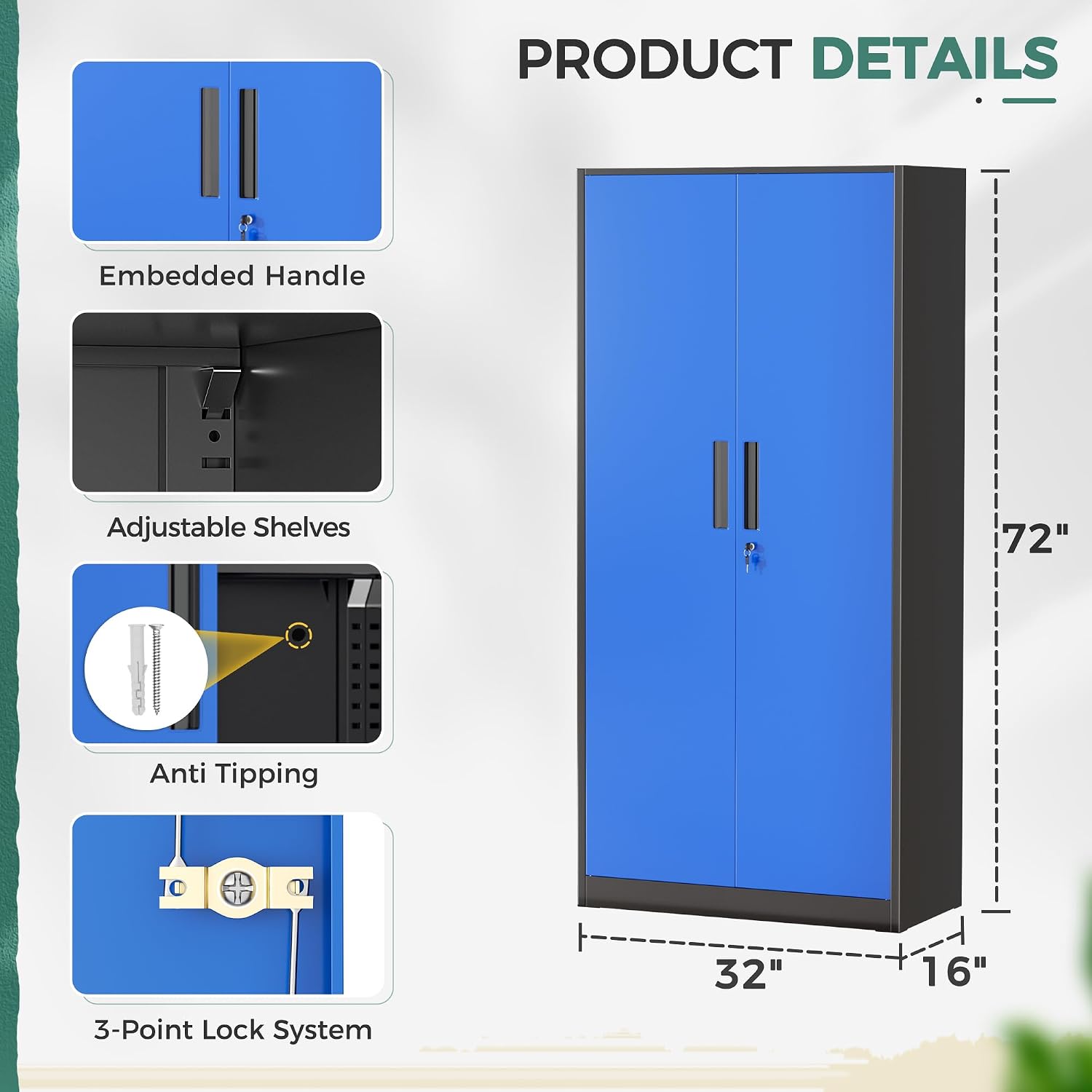 Greenvelly Metal Garage Storage Cabinet, 72' Tall Steel Storage Cabinets with 2 Doors and 4 Adjustable Shelves, Metal Tool Cabinets, Locking File Cabinet for Home Office, Garage, School (Black Blue)