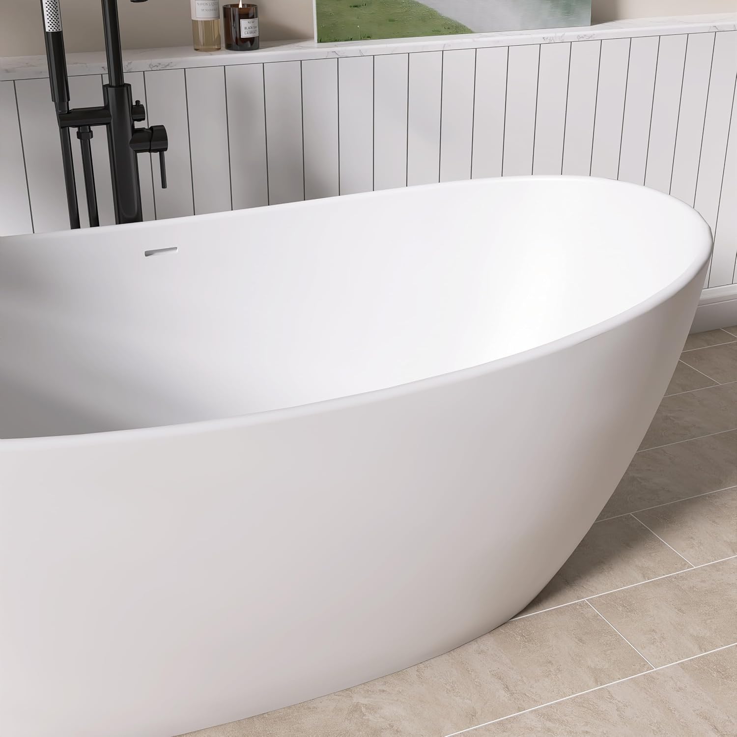 65' Stone Resin Freestanding Bathtub, Elegant Oval Design, Solid Surface Bathtub, Stand Alone Bathtub with Drain and Overflow,Matte White