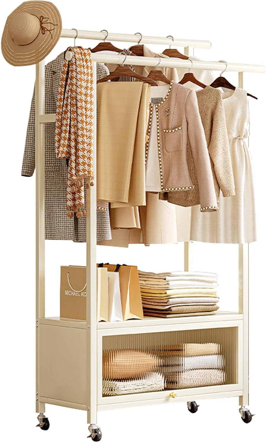 Clothing Rack, coat rack with Wheels Rolling Clothes Rack with Storage Coat Rack Stand Modern Garment Rack for Bedroom Boutiques Heavy Duty Coat Hanger Rack