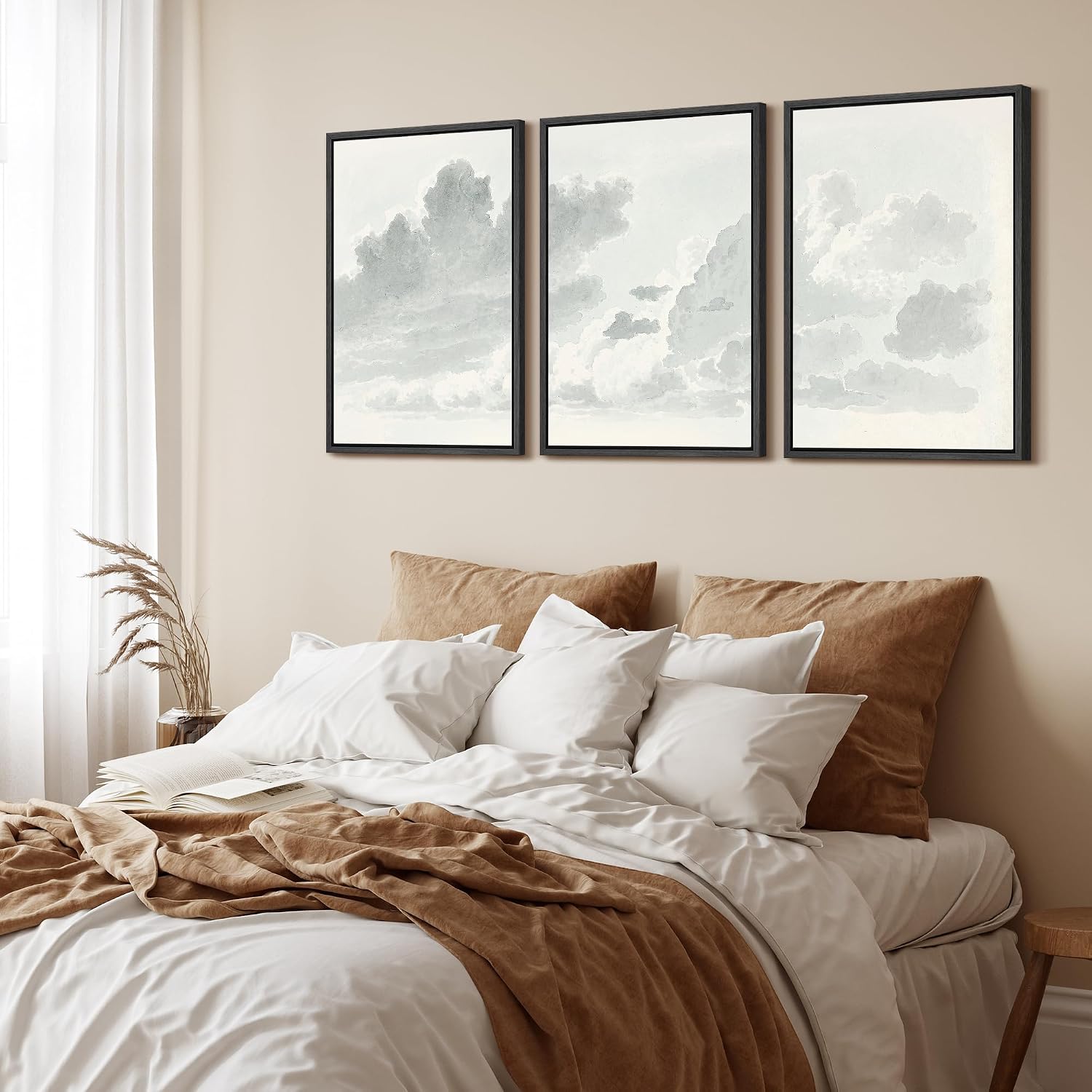 wall26 Framed Canvas Print Wall Art Set Minimalist Cloud Study Soft Watercolor Sky Illustrations Modern Art Decorative Floral Botanical Minimal for Bedroom - 24'x36'x3 Black