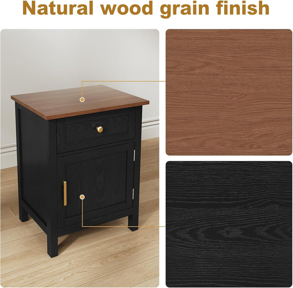 ARTPOWER Nightstand Set of 2, Wood Bedside Table with Drawers, Farmhouse Modern End Table with Cabinet Storage, Night Stands for Bedroom, Black