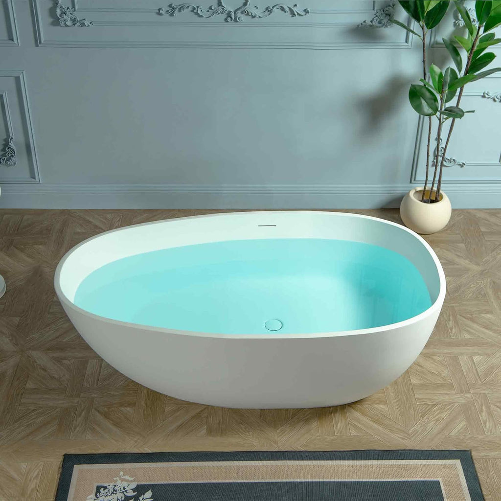 WOODBRIDGE 59' Egg-Shaped Solid Surface Freestanding Soaking Tub, Modern Oval Stone Resin Bathtub with Integrated Slotted Overflow & Drain, Matte White, EST0701