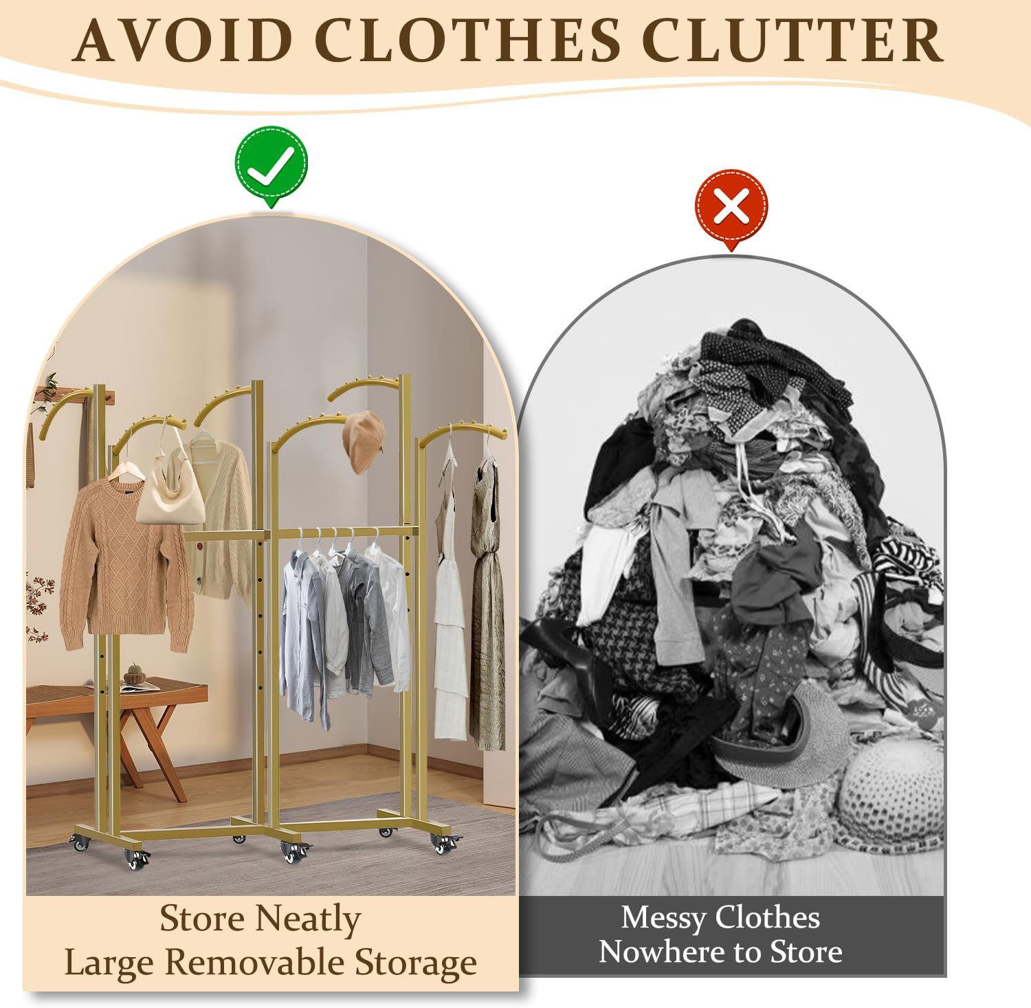 Clothing Rack,Heavy Duty Gold Clothing Rack with Adjustable Height, 6 Curved Arms Wheels - Floor Standing Metal Garment Rack for Retail Store Display Home Use,Gold