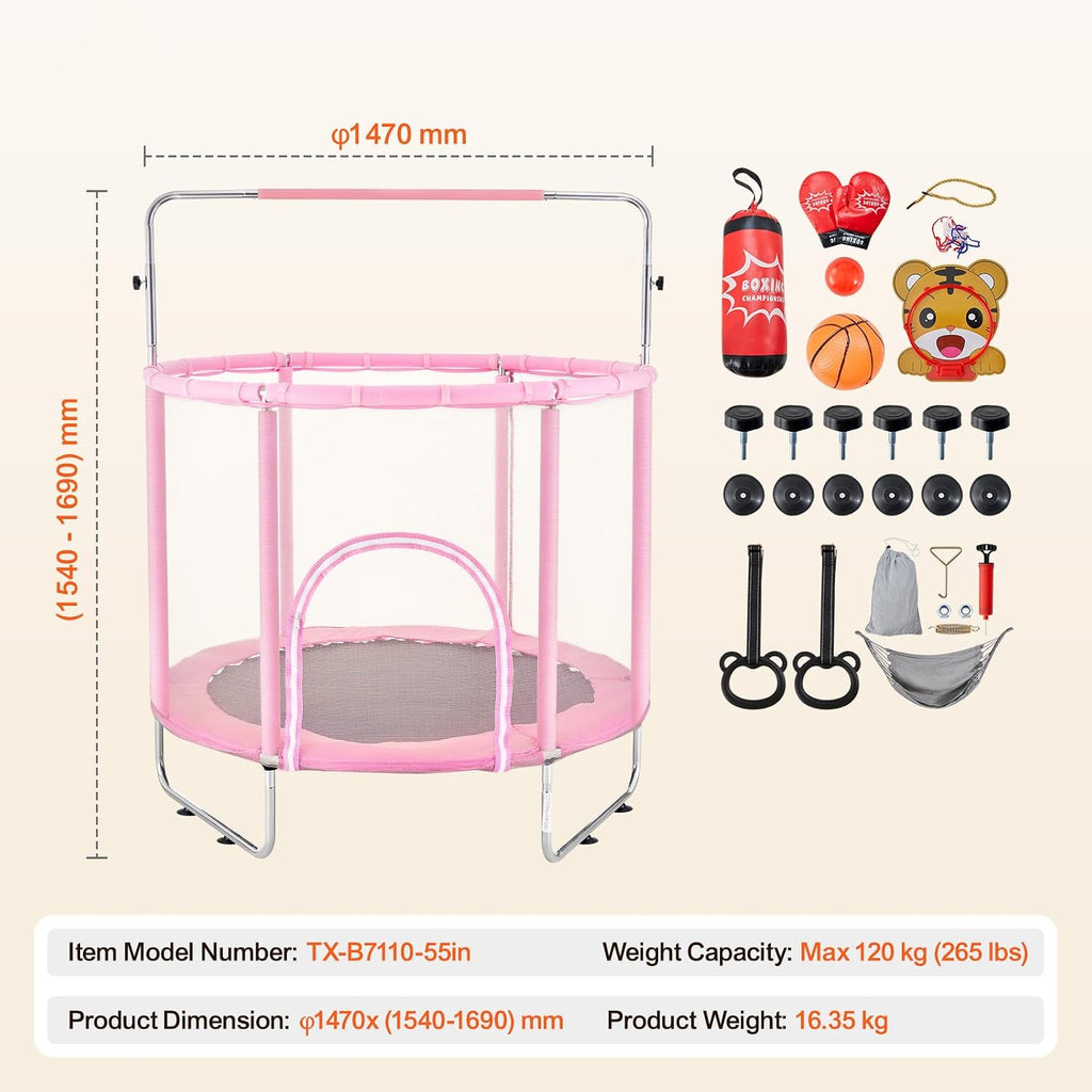 Happybuy 55' Kids Trampoline, 4.6FT Indoor Outdoor Trampoline, Mini Toddler Recreational Trampoline with Safety Enclosure Net and Basketball Hoop, Pink