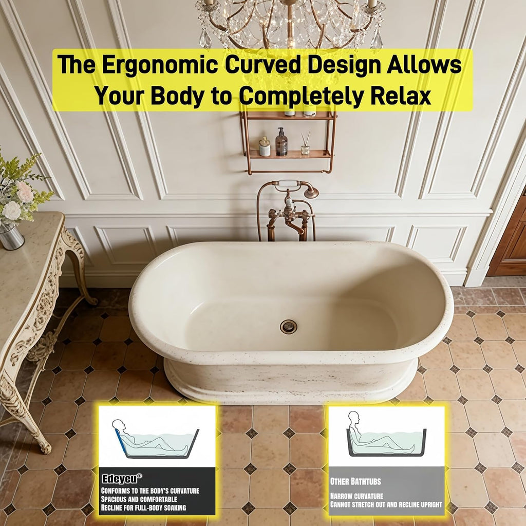 67' Edeyeu Freestanding Bathtub - Solid Surface Bathtub Soaking Tub With Natural Rock Texture Finish, Extra Deep Stand Alone Tub, Ergonomic Free Standing Spa Design, Beige