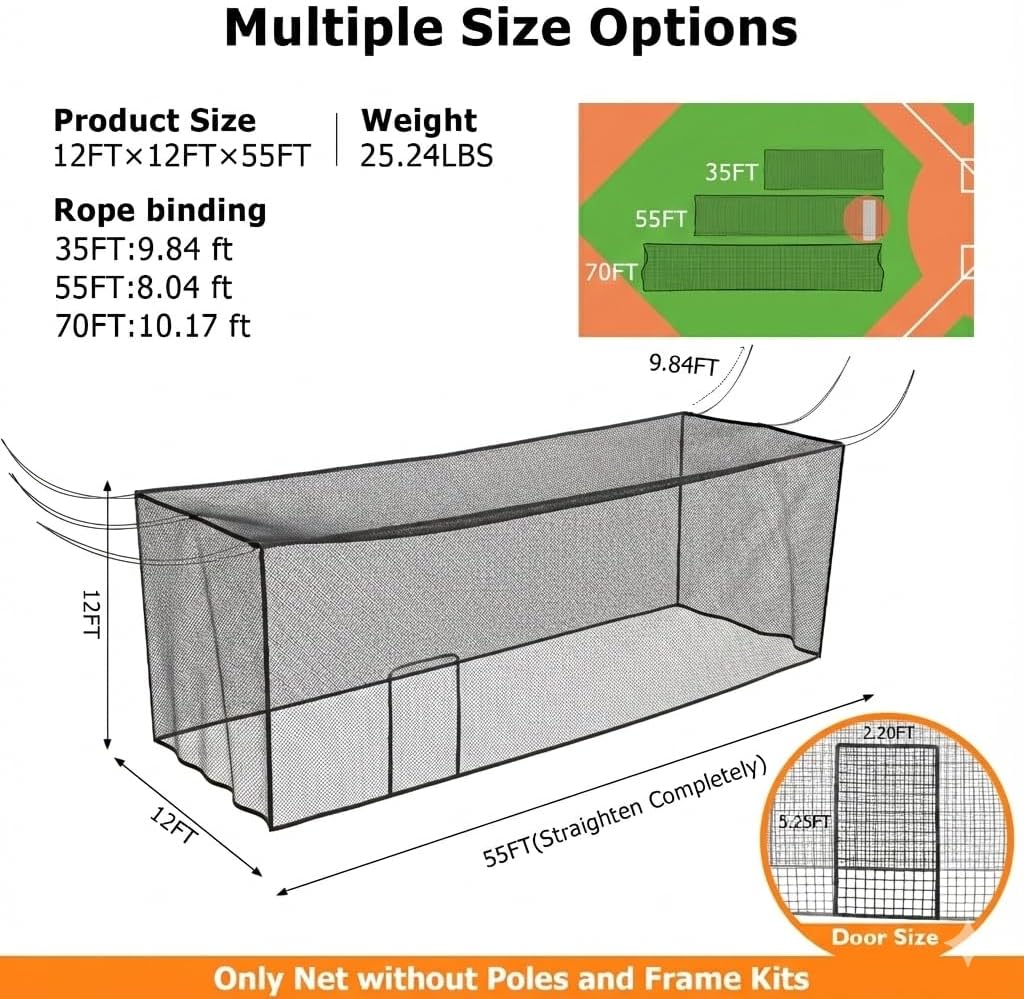 Batting Cage Net, UV-Stabilized HDPE, Black, 1-3/4' Square Mesh, Square-Hung, 1/4' Border Rope, Side Door – Baseball & Softball Netting – Sizes: 8x8x20ft,10x10x35ft,12x12x55ft, 12x14x70ft