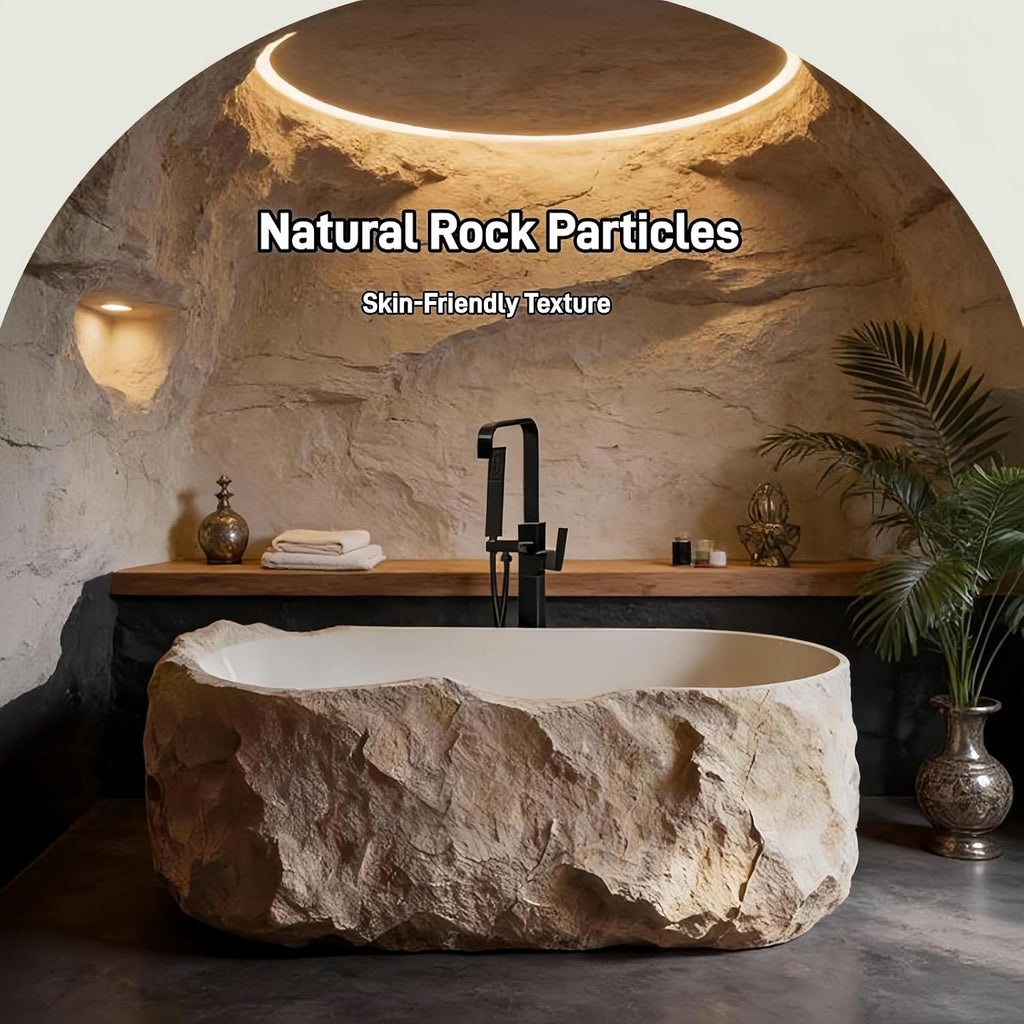67' Edeyeu Freestanding Bathtub - Solid Surface Soaking Tub, Designer Free Standing Tub with Unique Stone Texture, Deep Soaker Bathtub for Luxury Spa & Home, Black