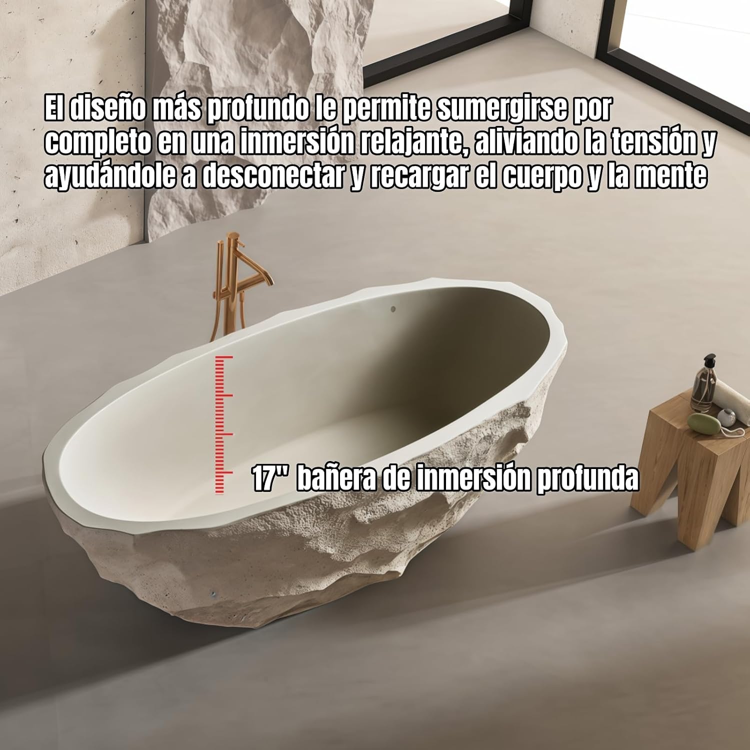 67' Edeyeu Freestanding Bathtub – Luxury Soaking Tub de Piedra Natural con Diseño Profundo y Artesanal, Solid Surface Bathtub Esculpida para Confort Premium y Baños de Estilo Moderno Color de la roca