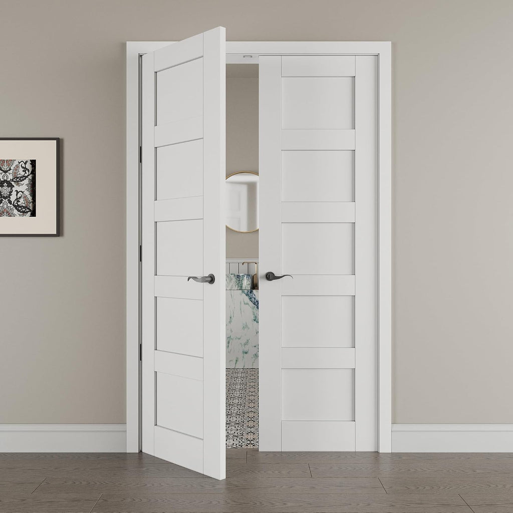 48' x 80' French Doors Interior (Double 24' x 80' 5-Lite Panel Door with Black Hinge Prehung Jamb Kit), Pre-Finished & Paintable, Prebuilt Home Door Panels & Assembly Required Jamb