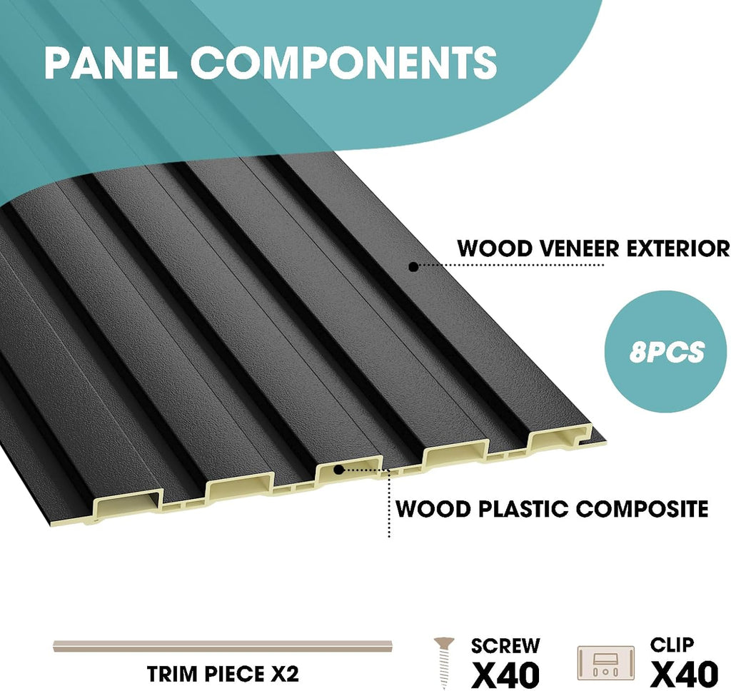 OUZUGIE WPC Acoustic Slat Wall Paneling, 8-Pack 114 x 6 Inches 3D Wall Panels for Interior Wall Decor,Living Room,TV Background,Study Room,Office Spaces,Bedroom,Low Grille (Black)