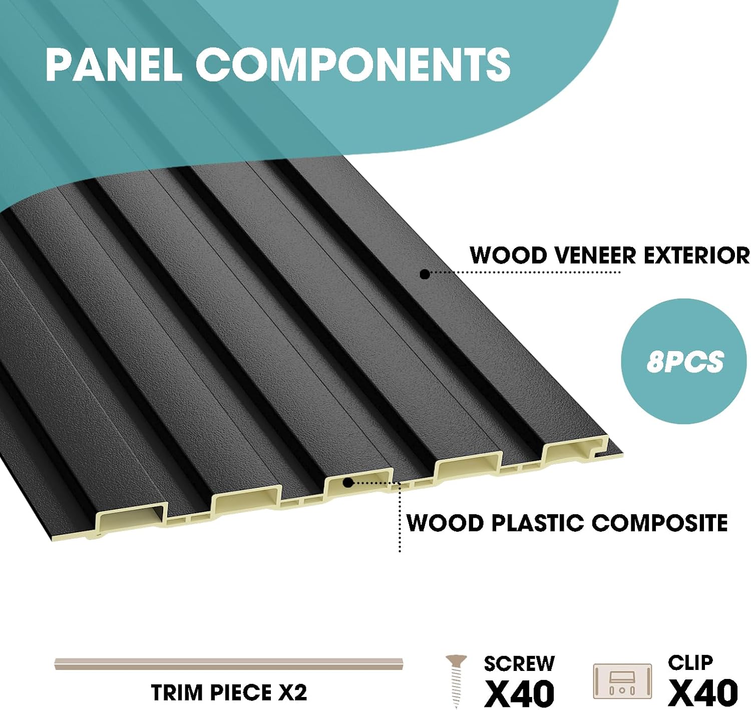 OUZUGIE WPC Acoustic Slat Wall Paneling, 8-Pack 114 x 6 Inches 3D Wall Panels for Interior Wall Decor,Living Room,TV Background,Study Room,Office Spaces,Bedroom,Low Grille (Black)