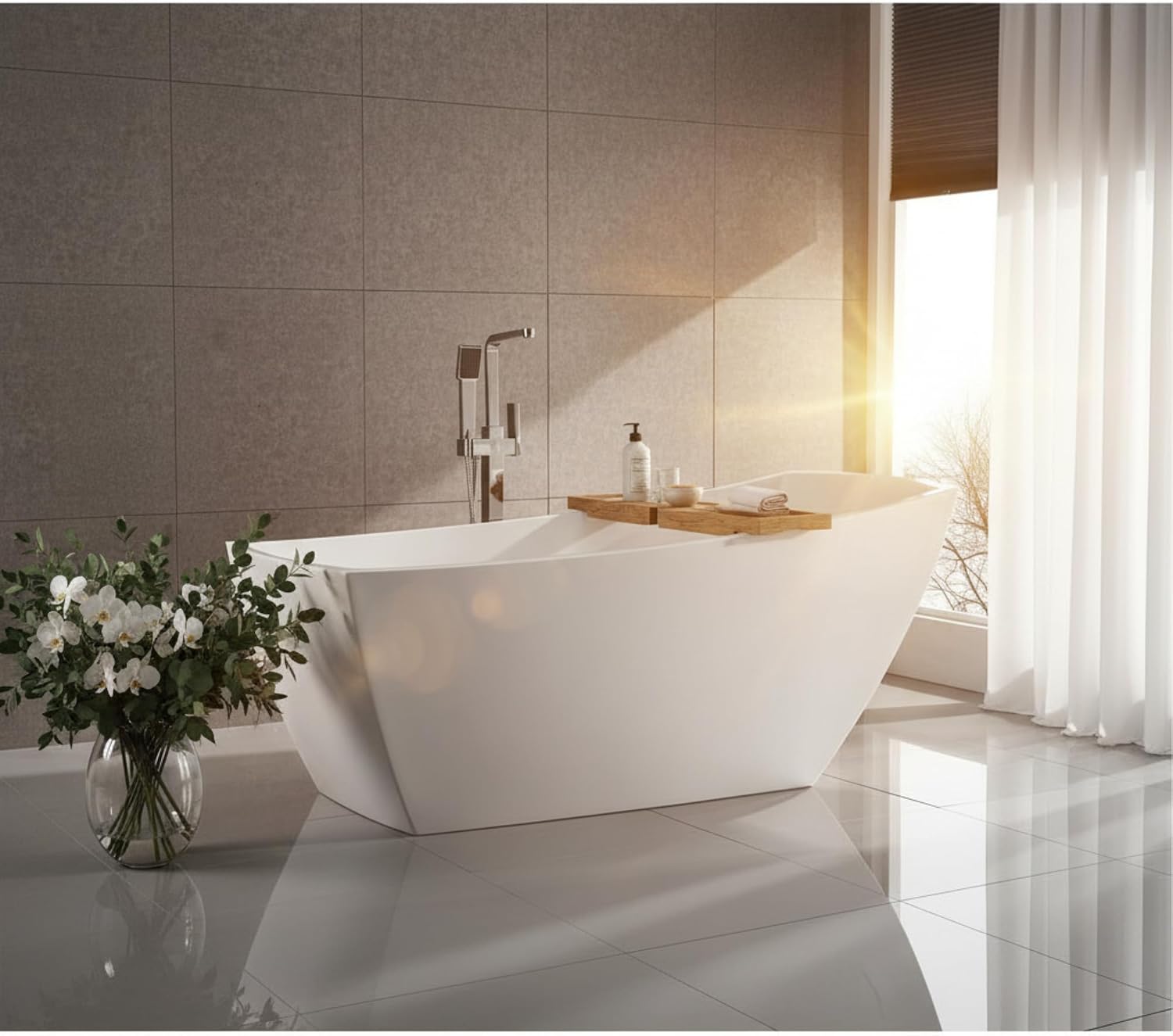 Albi 67' Freestanding Acrylic Bathtub with Chrome Drain, Glossy White Seamless Soaking Tub, Fiberglass Reinforced with Leveling Legs, 56 Gal Capacity