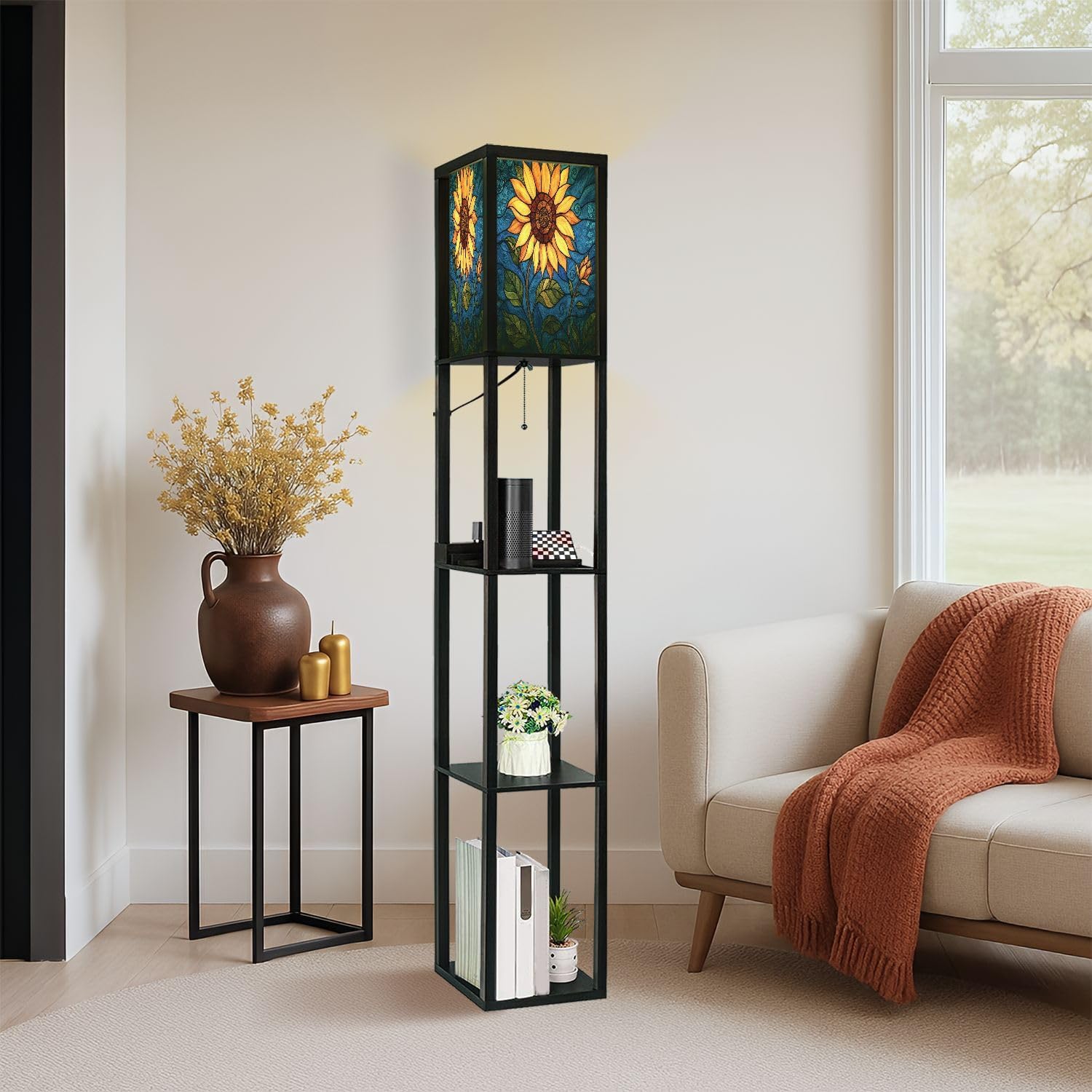 Floor Lamp with Shelves Sunflower Stained Glass for Windows Home Decor Standing Tall Lamp USB Ports & Power Outlet Modern Corner Lamp Nightstand Light for Living Room Bedroom