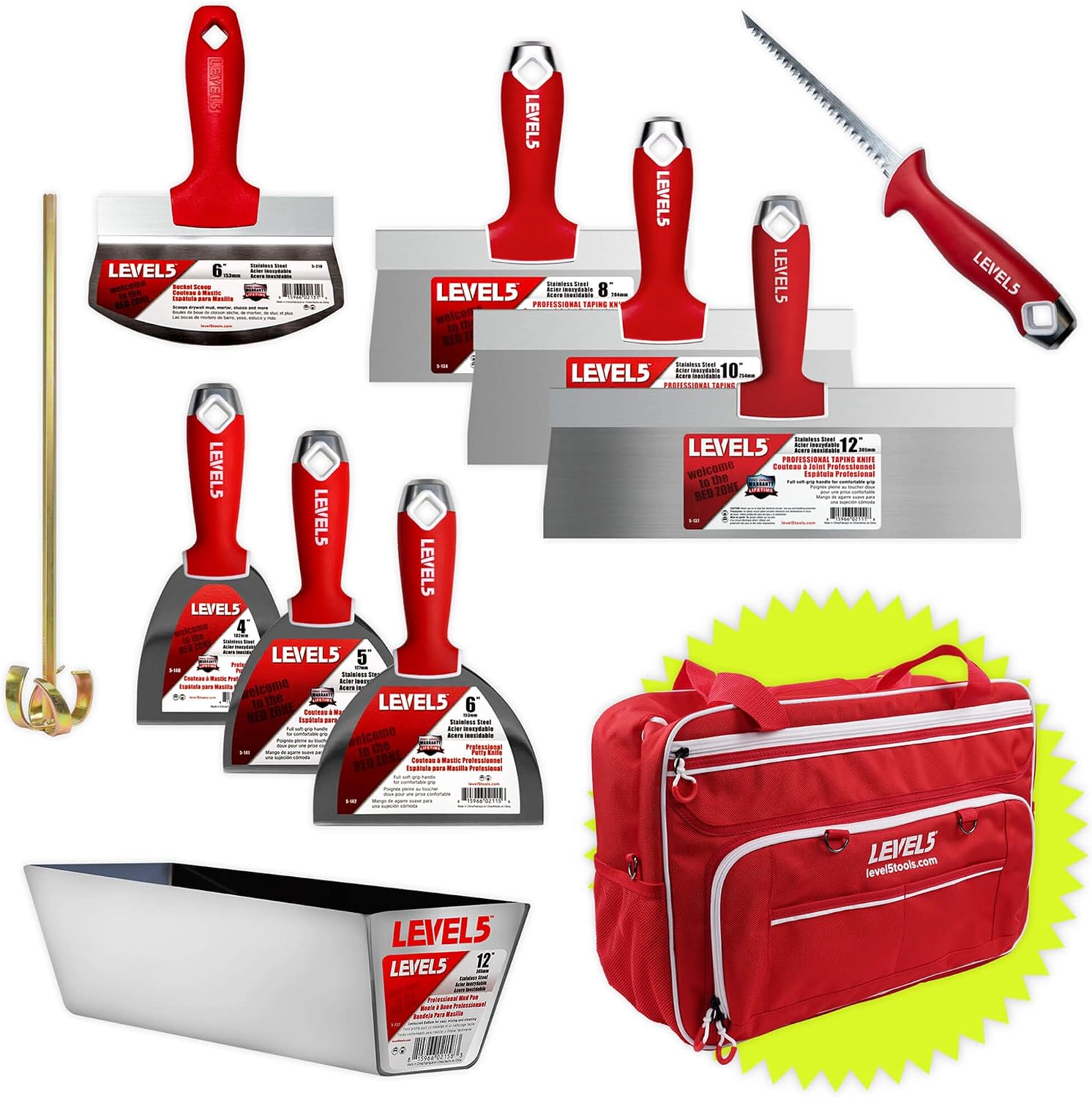 Finisher's Hand Tool Set w/Bag - Premium Joint & Taping Knives, Mixer, Jab Saw, Mud Pan + Free Bag | 5-680