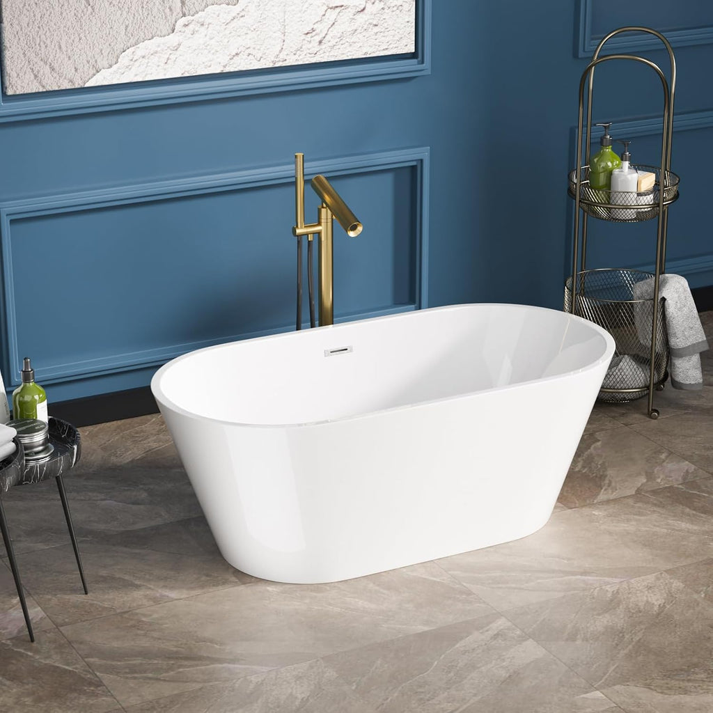 Sarlai 59 Inch Acrylic Freestanding Soaking Bathtub Contemporary Soaking White Tub Stand Alone Ergonomic Bathtub with Black Drain