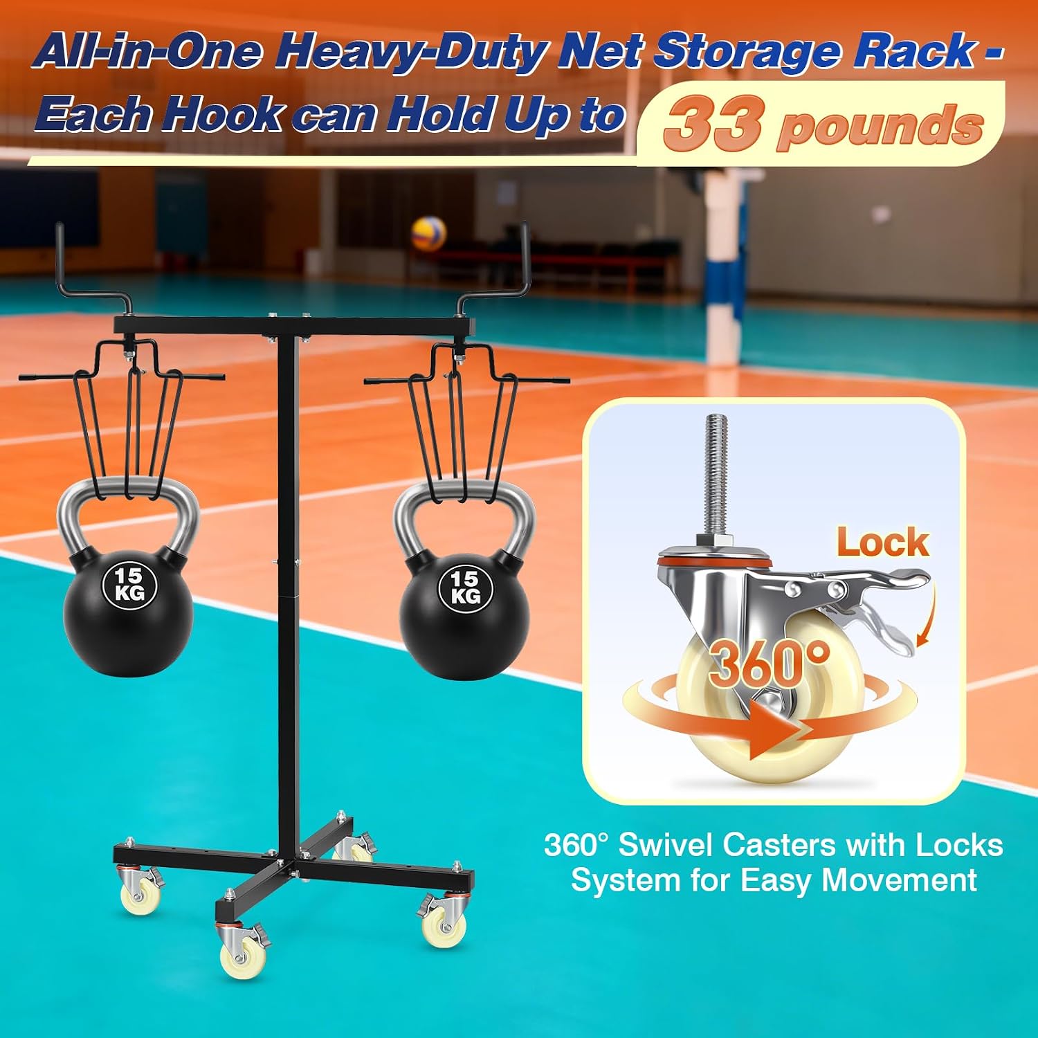 Movable Sports Net Storage Rack with Lockable Wheels, Heavy-Duty Holder for Volleyball, Tennis, Pickleball, Badminton Nets, Space-Saving Support Rack with Swivel Handle & Dust Covers