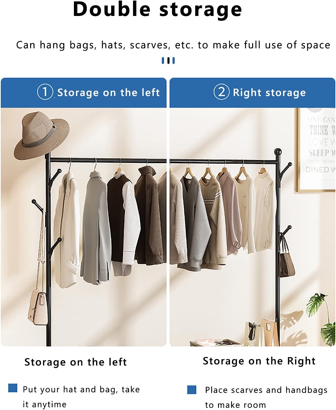 Clothing Rack, Heavy Duty Clothes Rack Portable Garment Rack,with 2-Tier Shelves,5 Side Hooks,Wheels,Multifunctional Storage Shelf Organizer,150x34x173cm