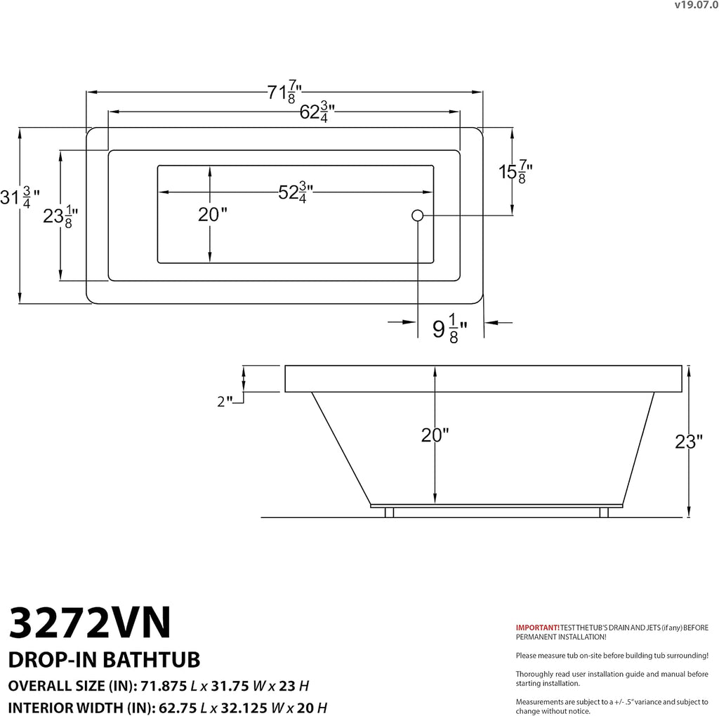 ANZZI Illyrian AZ3272VNS 32' x 72' Soaker Acrylic Rectangle Drop-In Bathtub - Easy Installation - Smooth Glossy Ultra White Finish
