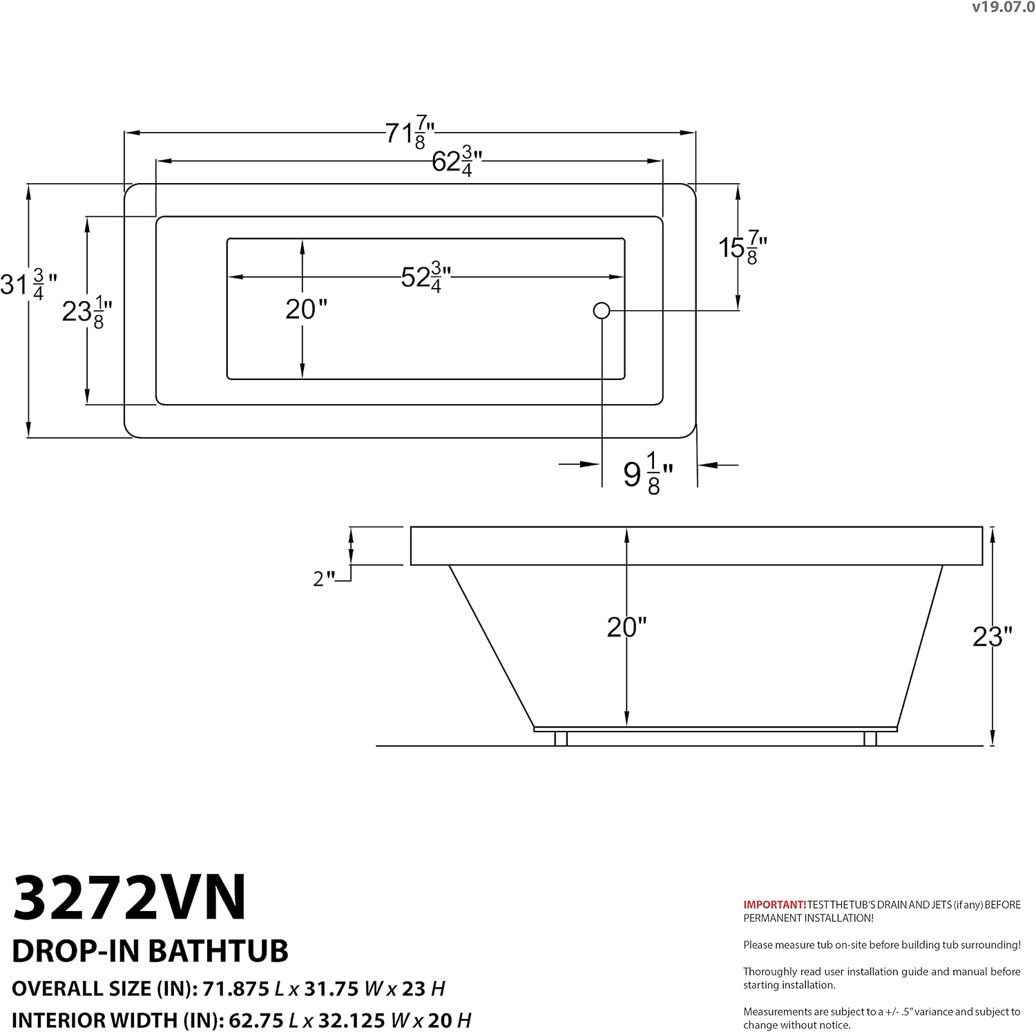 ANZZI Illyrian AZ3272VNS 32' x 72' Soaker Acrylic Rectangle Drop-In Bathtub - Easy Installation - Smooth Glossy Ultra White Finish