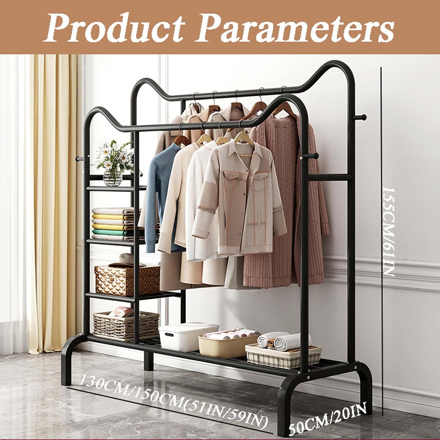 YSUEFIJO Heavy Duty Clothes Rack for Hanging Clothes, Double Rod Clothing Garment Rack, Portable Clothing Rack Metal, Free Standing Wardrobe Rack, Multi-Functional Bedroom Clothes Rack