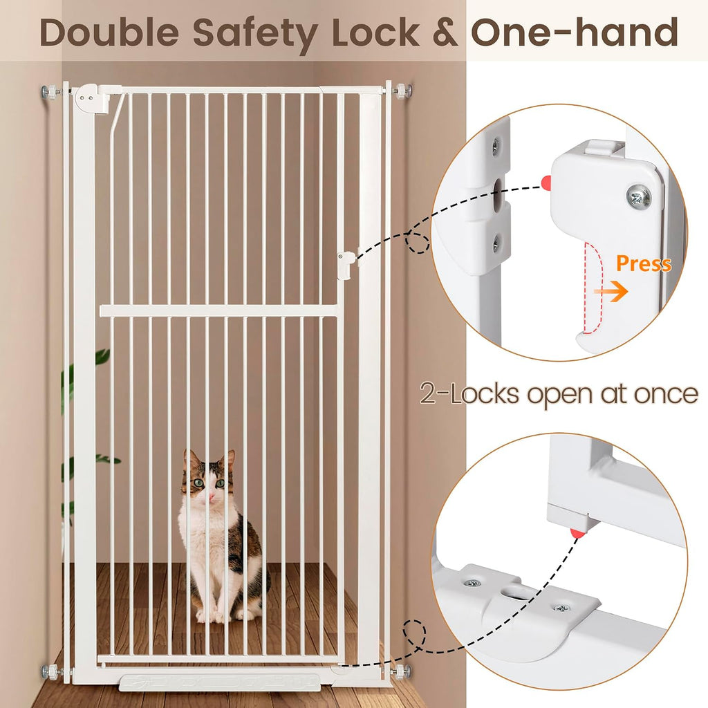 59' Extra Tall Pet Gate, Durable Metal Cat Gate with Double Safety Lock & Walk Thru Door - Self Closing/Stay Open/Open Both Ways, Pressure Mounted Dog Gate for Indoor Stairs, Doorways, Hallways