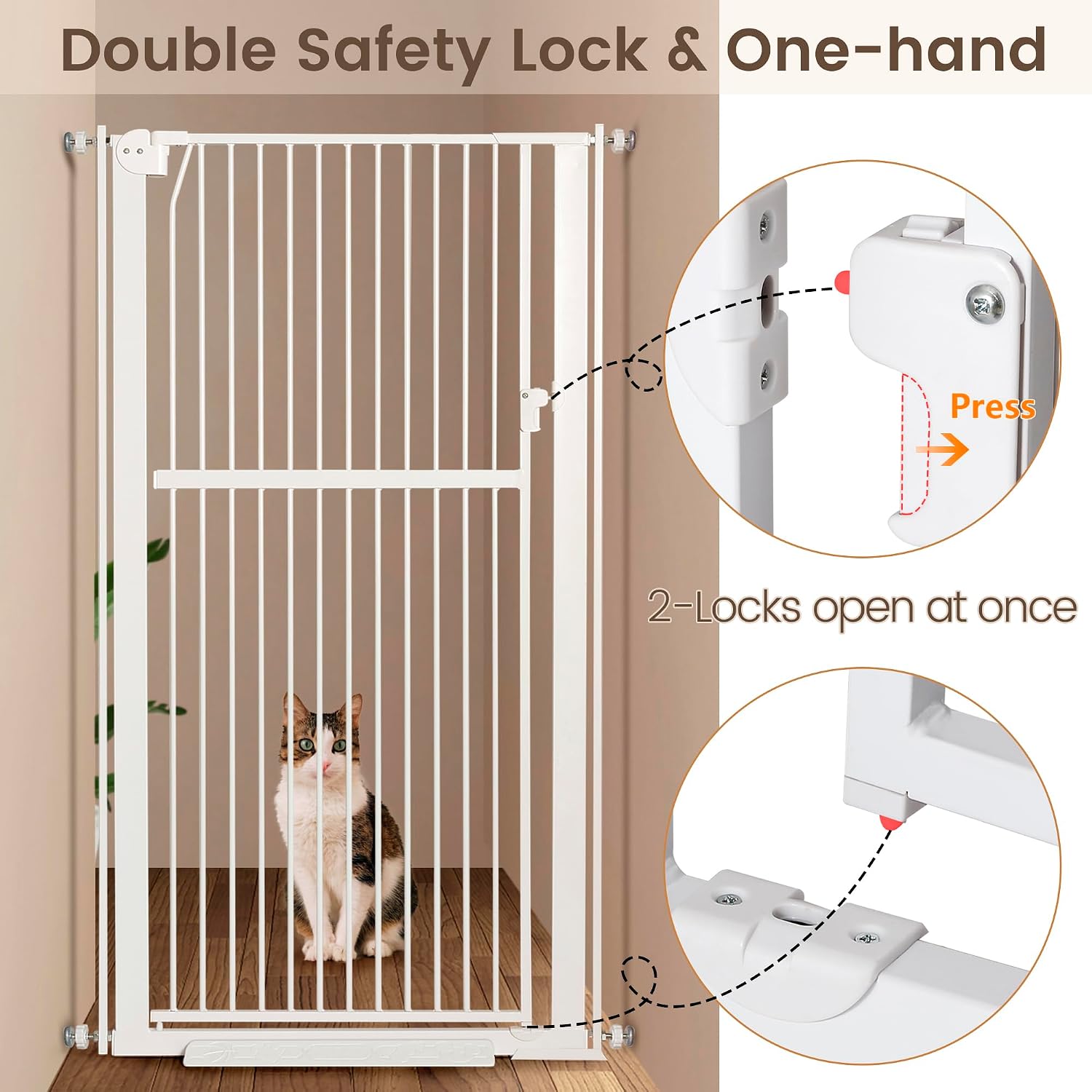 59' Extra Tall Pet Gate, Durable Metal Cat Gate with Double Safety Lock & Walk Thru Door - Self Closing/Stay Open/Open Both Ways, Pressure Mounted Dog Gate for Indoor Stairs, Doorways, Hallways
