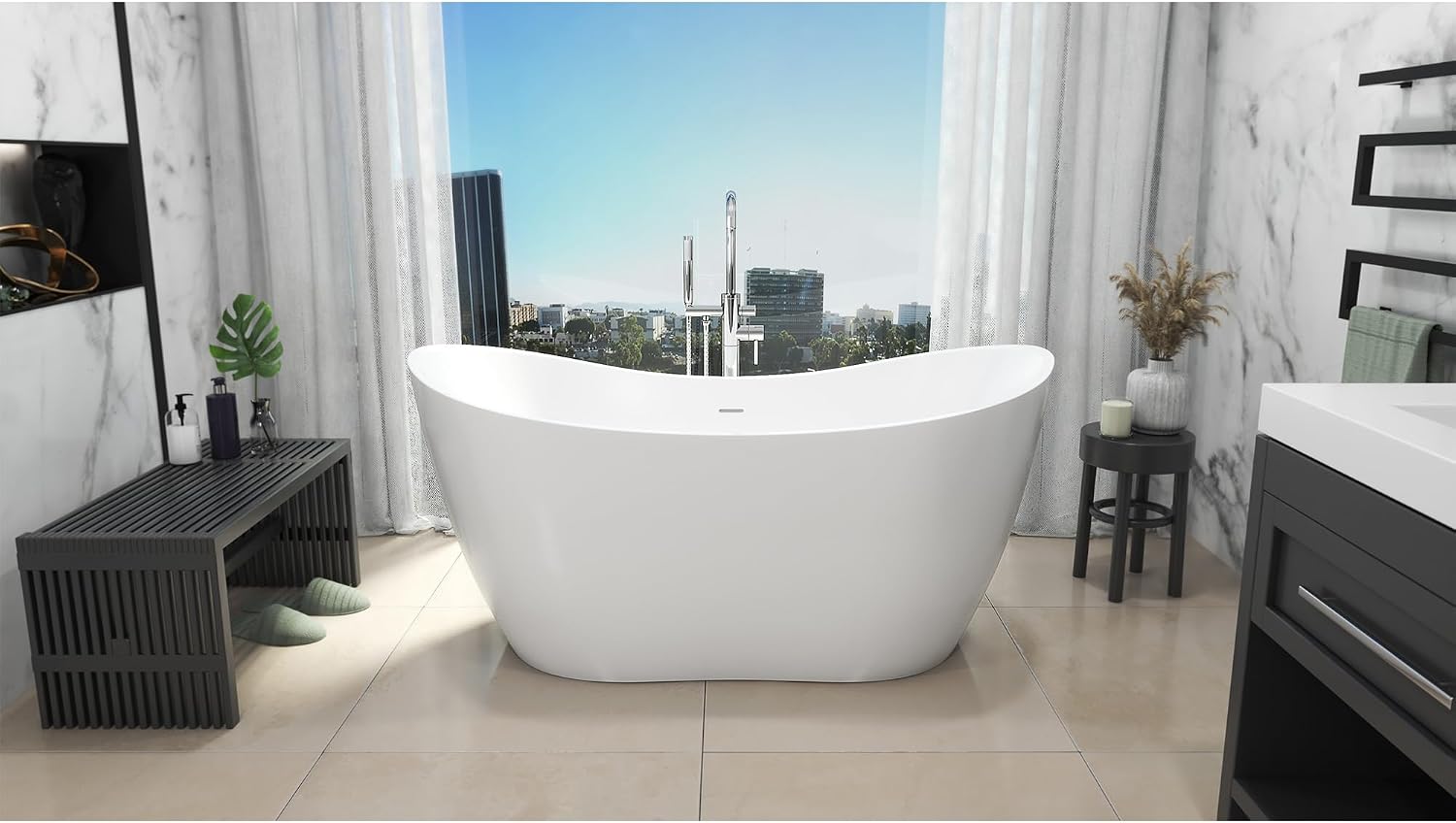 DreamLine Nile 67 inch L x 28 3/8 inch W x 28 3/8 inch H Freestanding Acrylic Bathtub with Matte Black Drain