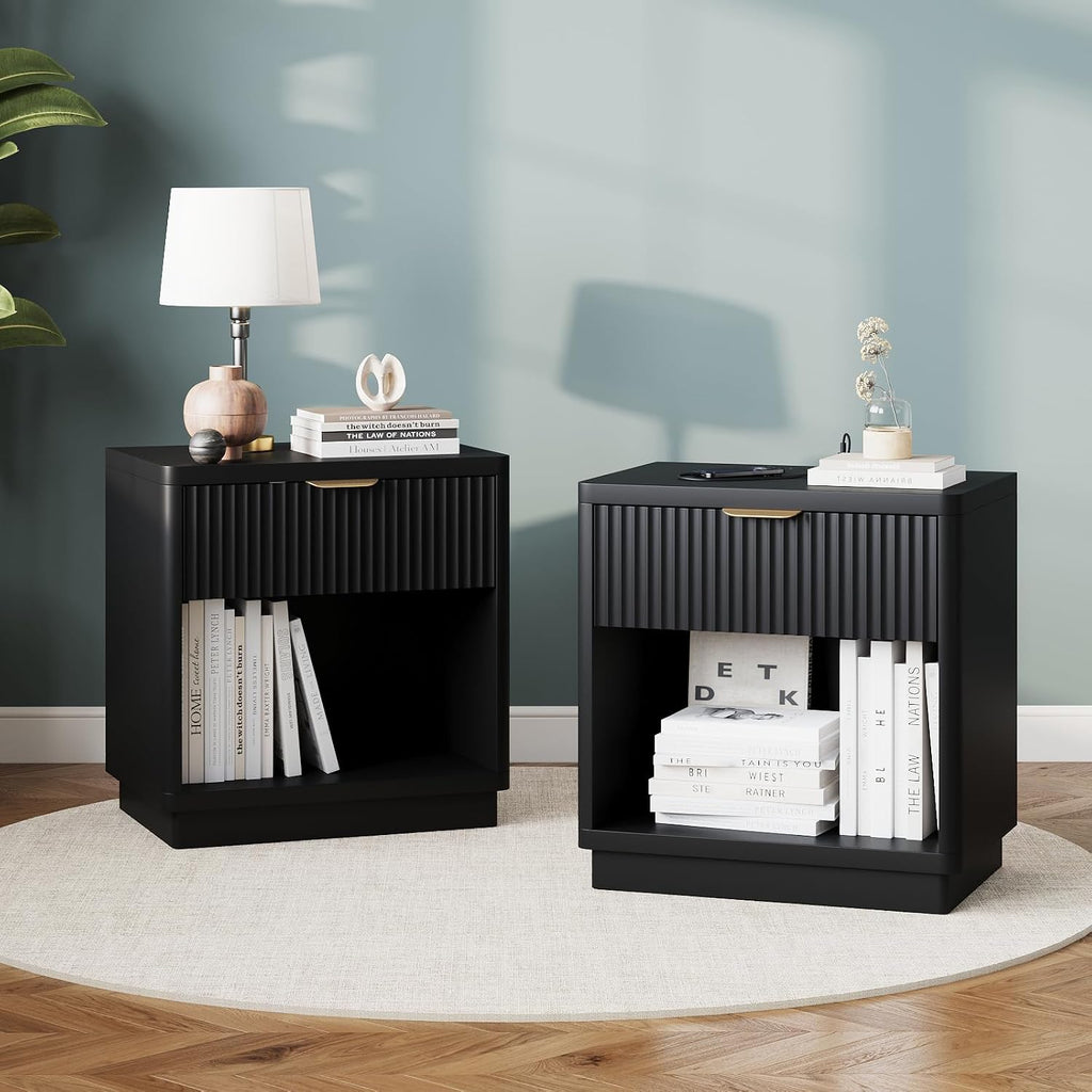 Fluted Night Stand Set of 2 with Charging Station, Wood Bedside Tables with Drawer & Open Shelf, Modern Matching Pair for Bedroom & Living Room, Black