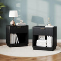 Fluted Night Stand Set of 2 with Charging Station, Wood Bedside Tables with Drawer & Open Shelf, Modern Matching Pair for Bedroom & Living Room, Black