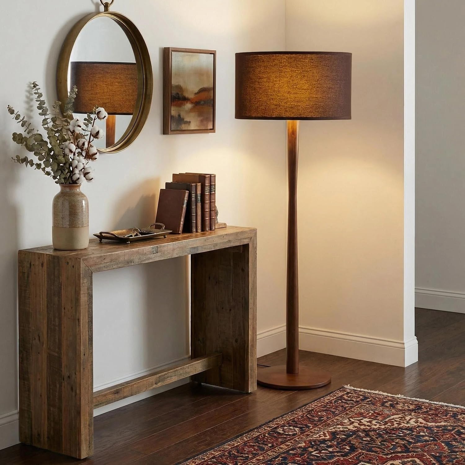 62' Tall Rustic Wood Floor Lamp for Living Room, Farmhouse Walnut Wood Floor Lamps with Linen Shade, UL Listed Standing Lamps with Wooden Base for Bedroom, Dining Room, House, Black Shade