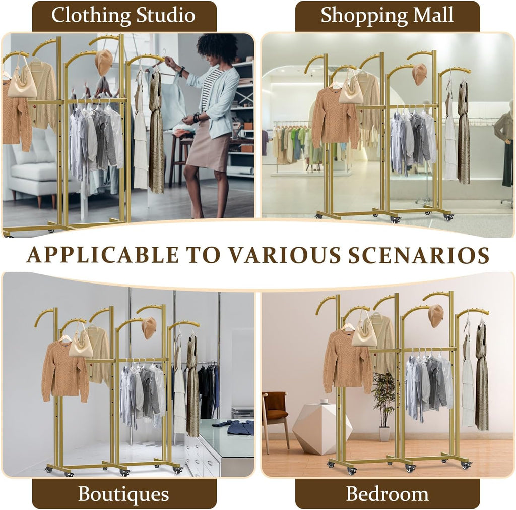 Clothing Rack,Heavy Duty Gold Clothing Rack with Adjustable Height, 6 Curved Arms Wheels - Floor Standing Metal Garment Rack for Retail Store Display Home Use,Gold