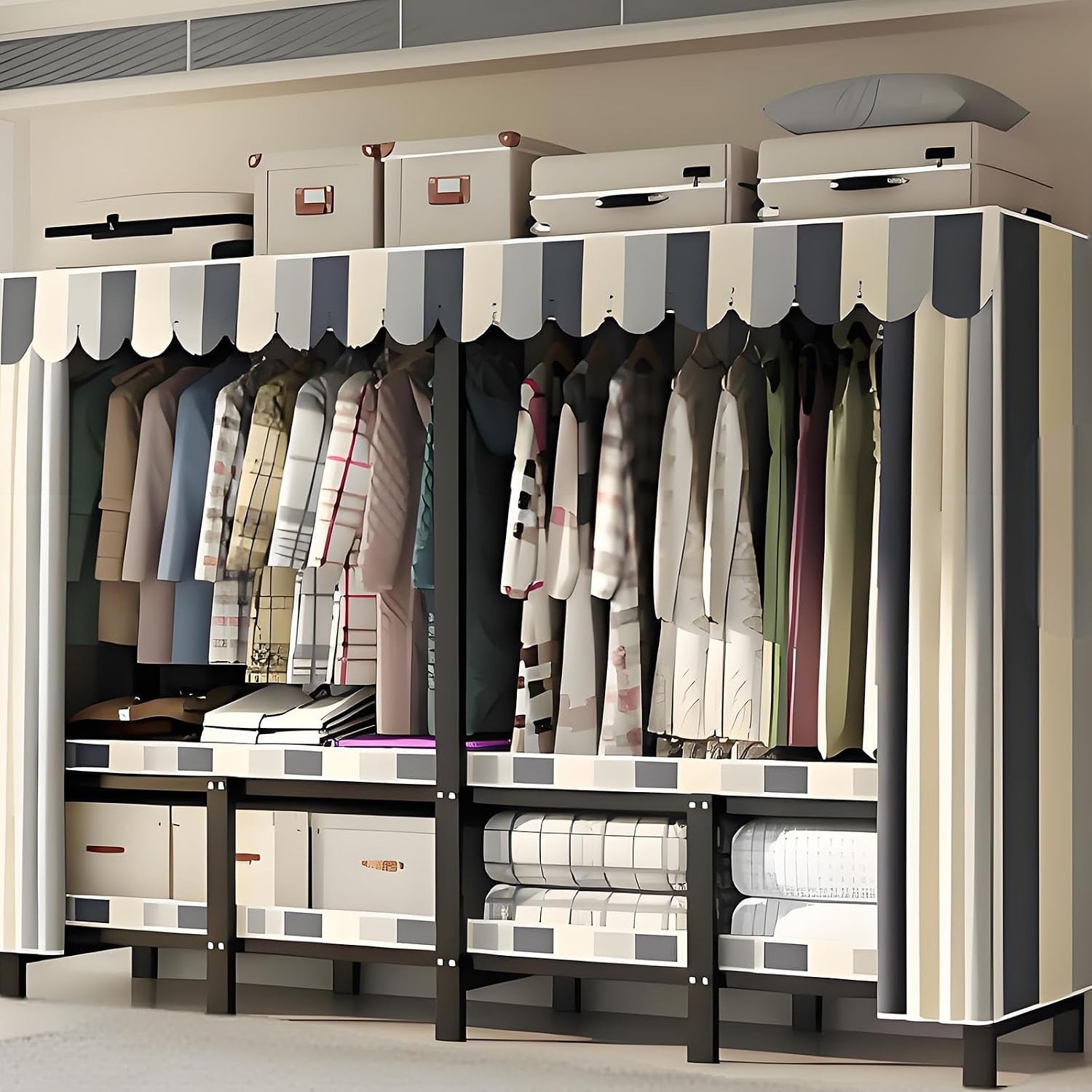 Foldable Drying Rack - Strong and Durable Portable Wardrobe Closet Rack with Cover, Large Metal Canvas Wardrobe Closet, Wardrobe Clothes Organizer, for Hanging Clothes(168 * 50 * 170cm)