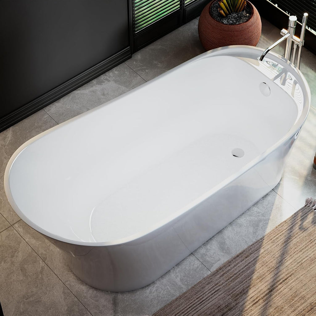 Empava Freestanding Bathtub, 67' Soaking Tub with End Drain & Overflow – Acrylic Tub, Non-Slip Flat Bottom, Glossy White, cUPC Certified
