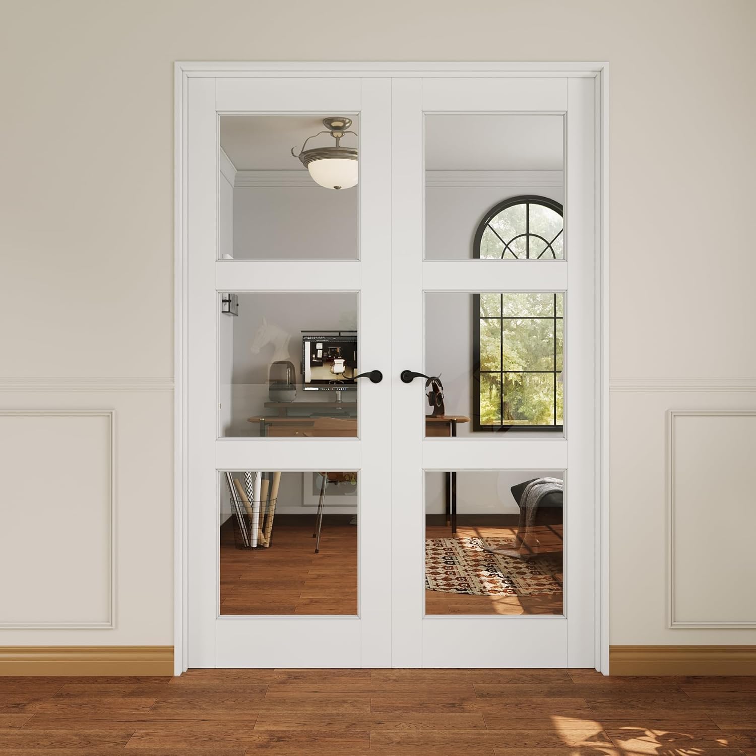 French Door 36' x 80' (Double 18' x 80') 3-Lite Clear Glass Door Slabs with Pre-Hung Jamb, Black Hinges, Levers and Latch, White Primed, French Interior Doors with Frame, Swing Double Bedroom Doors