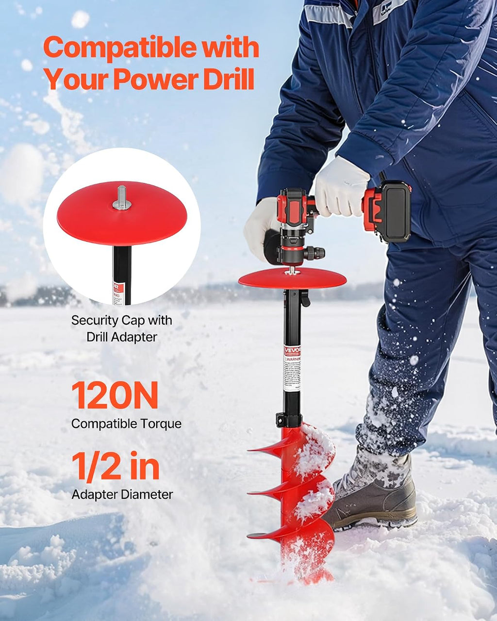 VEVOR Nylon Ice Auger Drill Bit, 8' Diameter 41' Length, Cordless Ice Augers for Ice Fishing with Extra 13.4in Extension Rod, Drill Adapter, Top Plate and Blade Guard