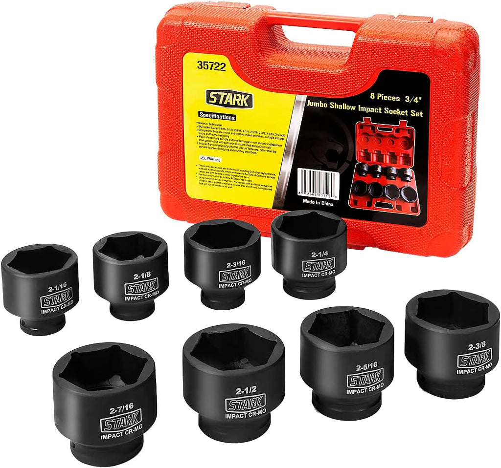 Stark USA Premium 3/4' inch Drive Large Jumbo Shallow Impact Socket Set SAE (2-1/16' - 2-1/2') Cr-Mo Steel 6-Point, 8-Piece Socket Set With Case