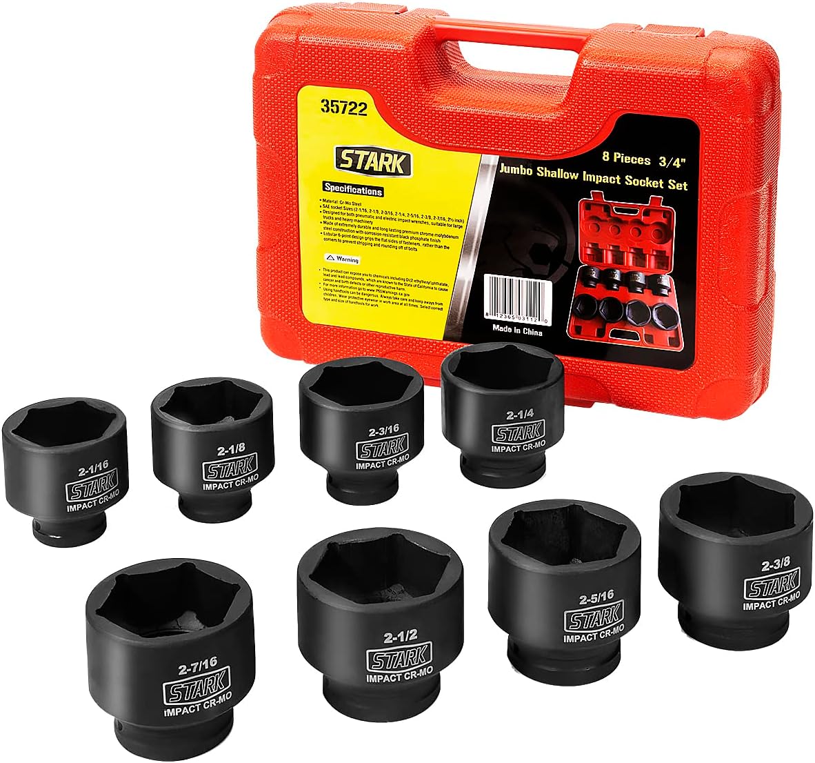 Stark USA Premium 3/4' inch Drive Large Jumbo Shallow Impact Socket Set SAE (2-1/16' - 2-1/2') Cr-Mo Steel 6-Point, 8-Piece Socket Set With Case