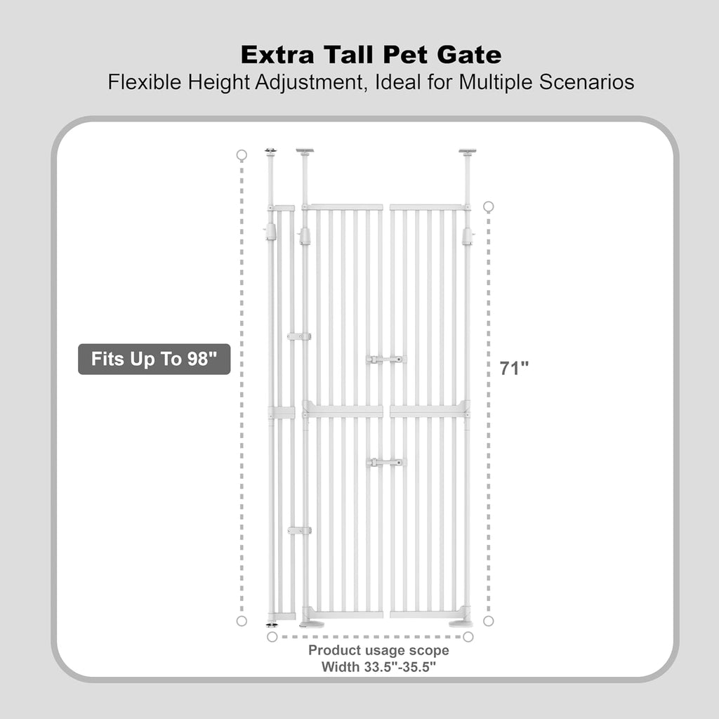 YGP 74.8-90.5' Extra Tall Cat Gate,30.3–38.2' Wide Pressure Mounted Cat Gate for Doorway, 1.3' Narrow Bar Cat Dog Proof Pet Gate,Auto Close No Drilling for Indoor Stairs Window Wall.White
