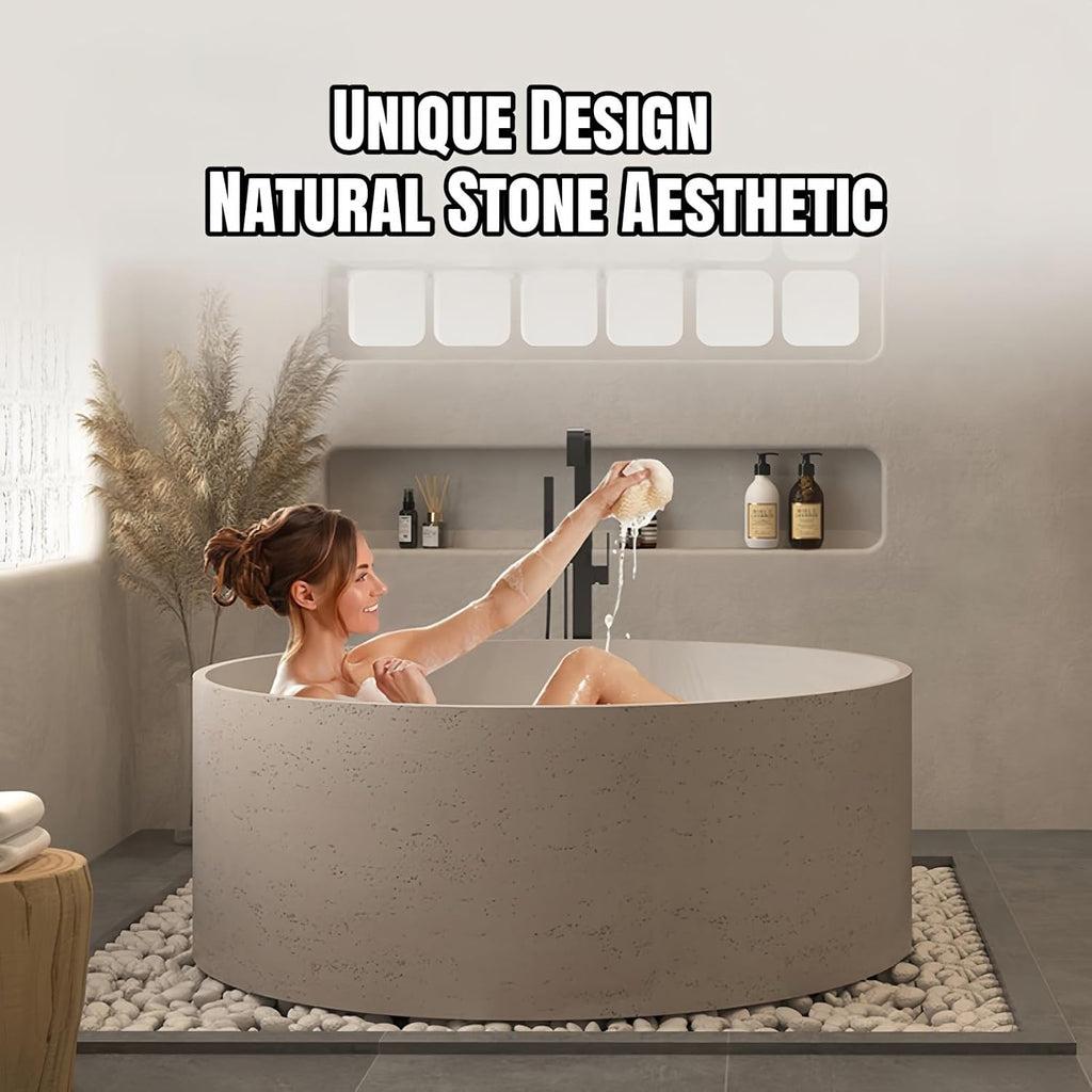 Freestanding Bathtub Round Soaking Tub, Solid Surface Bathtub Stand Alone Design, Extra Deep Ergonomic Soaker with Heat Retention for Luxury Bathrooms (59',Beige)