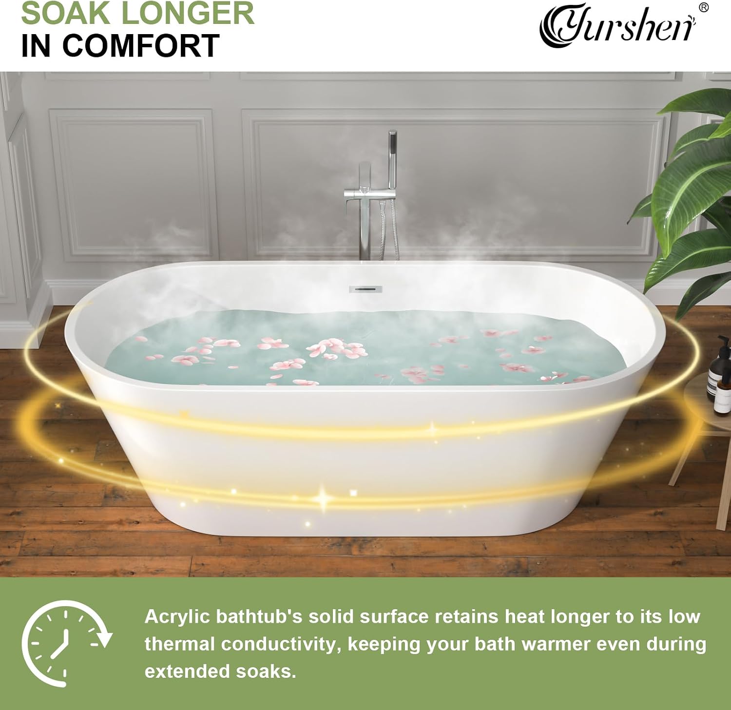 67 Inch Freestanding Acrylic Soaking Tub White Roll Top Bathtub with Chrome Drain Spa-Like Glossy Finish, YSB9223