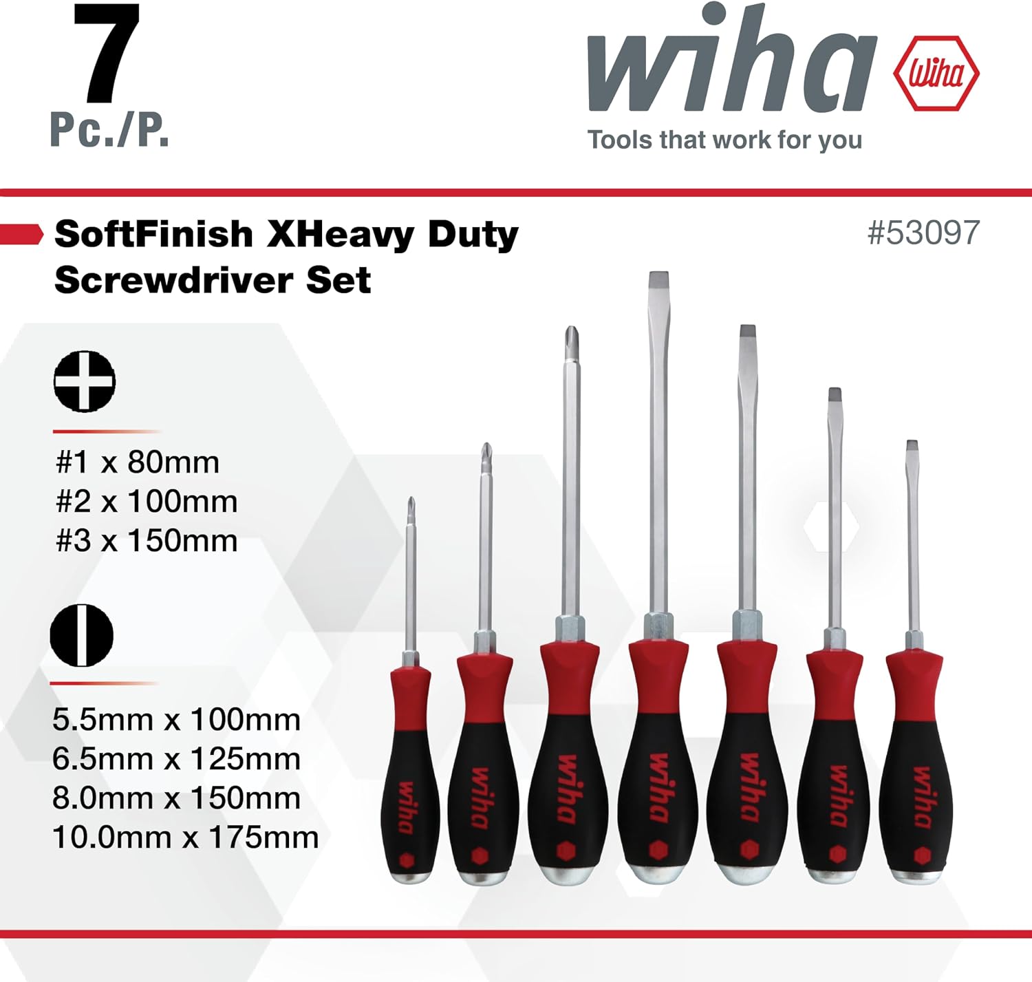 Wiha 53097 Screwdriver Set, Slotted and Phillips, Extra Heavy Duty, 7 Piece