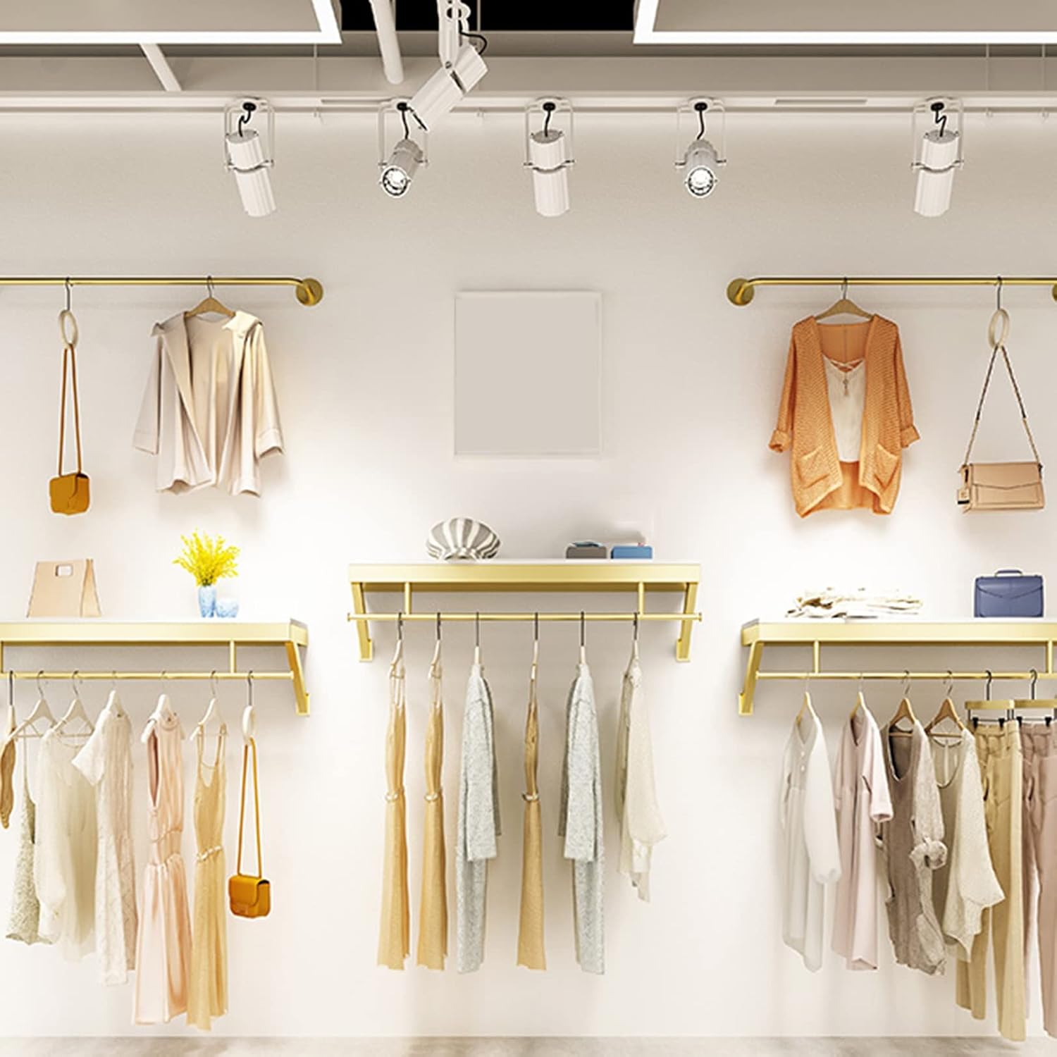 5pcs Clothing Garment Rack Wall Mounted with Wood Shelf,Clothing Store Floating Shelf,Retail Display Clothes Racks Heavy Duty Organizer Hanger Metal Sturdy (C-300cm