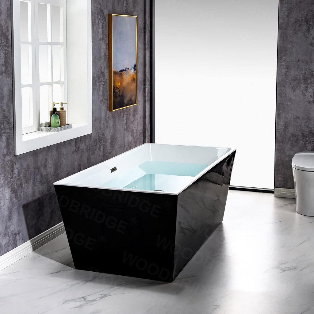 WOODBRIDGE 67' Acrylic Freestanding Bathtub Contemporary Soaking Black Tub with Matte Black Overflow and Drain，BTA1812-MB