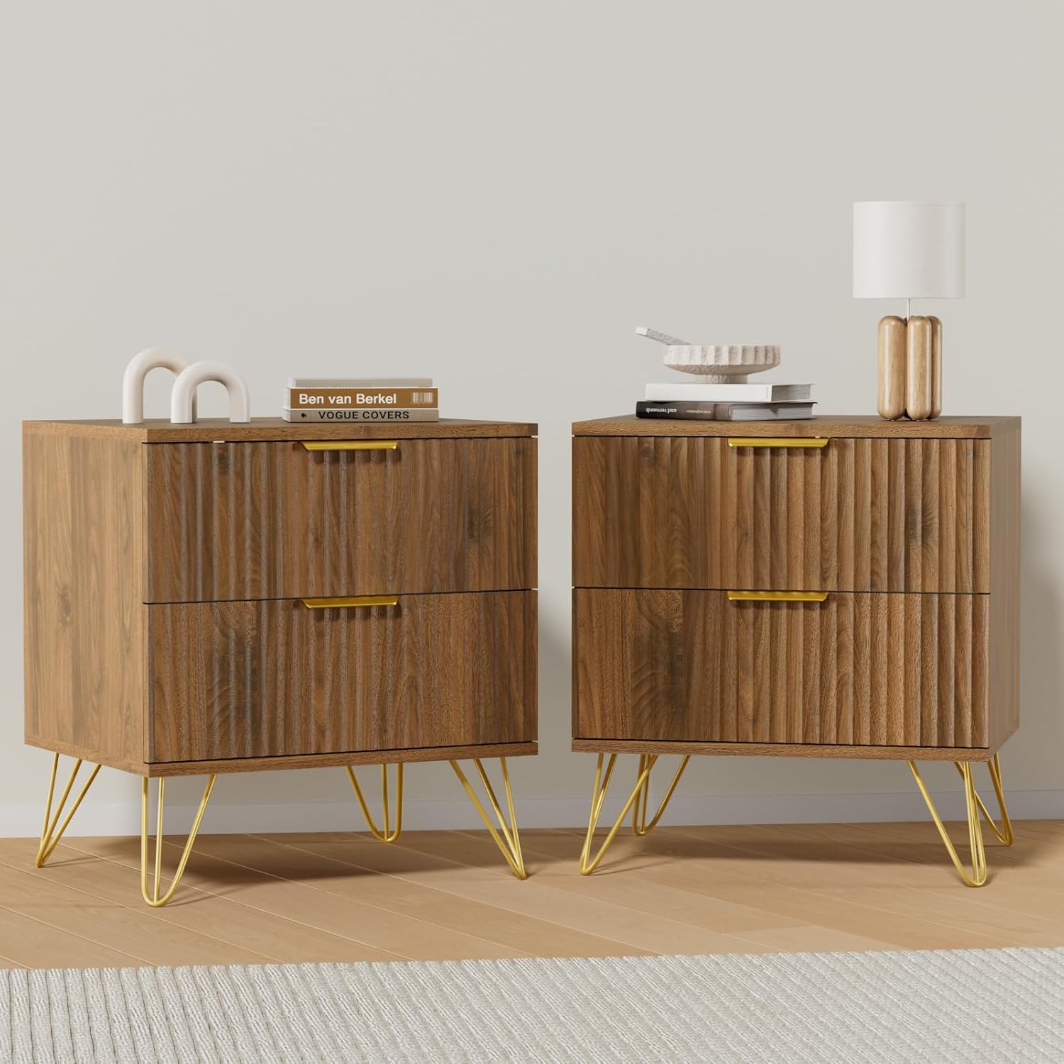 Set of 2 Nightstand, Mid Century Modern Night Stand Bedside Table with 2 Storage Drawer, Bed Side End Table with Golden Handles and Legs for Bedroom, Walnut