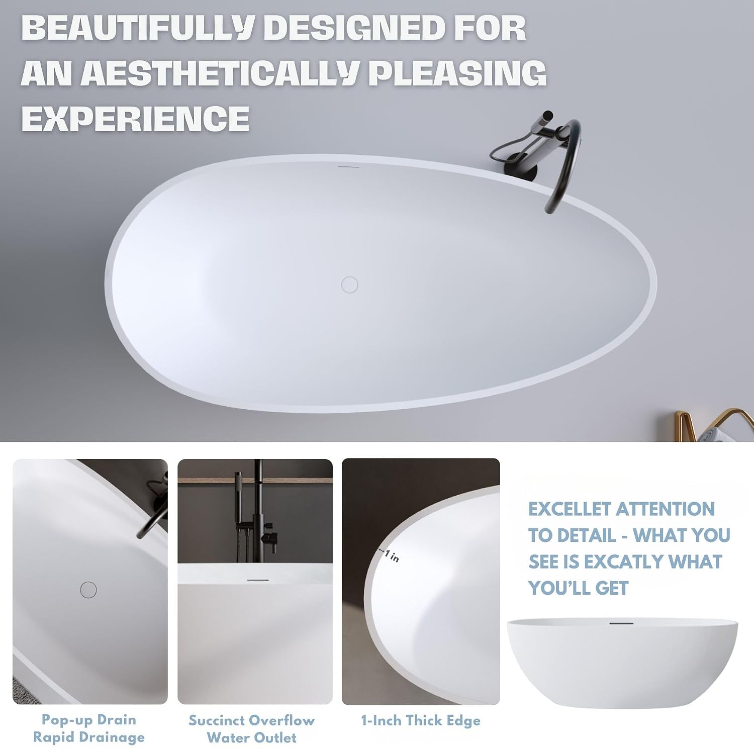 H2O Oval 59 in. x 30.7 in. Solid Surface Stone Resin Freestanding Bathtub, 14 in. Soaking Depth, Ergonomic Backrest, Matte White, Center Drain with Overflow, Durable, Easy to Clean