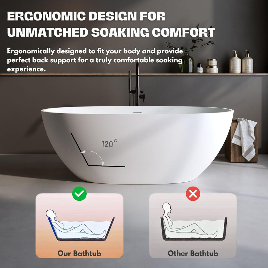 H2O Oval 59 in. x 30.7 in. Solid Surface Stone Resin Freestanding Bathtub, 15 in. Soaking Depth, Ergonomic Backrest, Matte White, Center Drain with Overflow, Durable, Easy to Clean