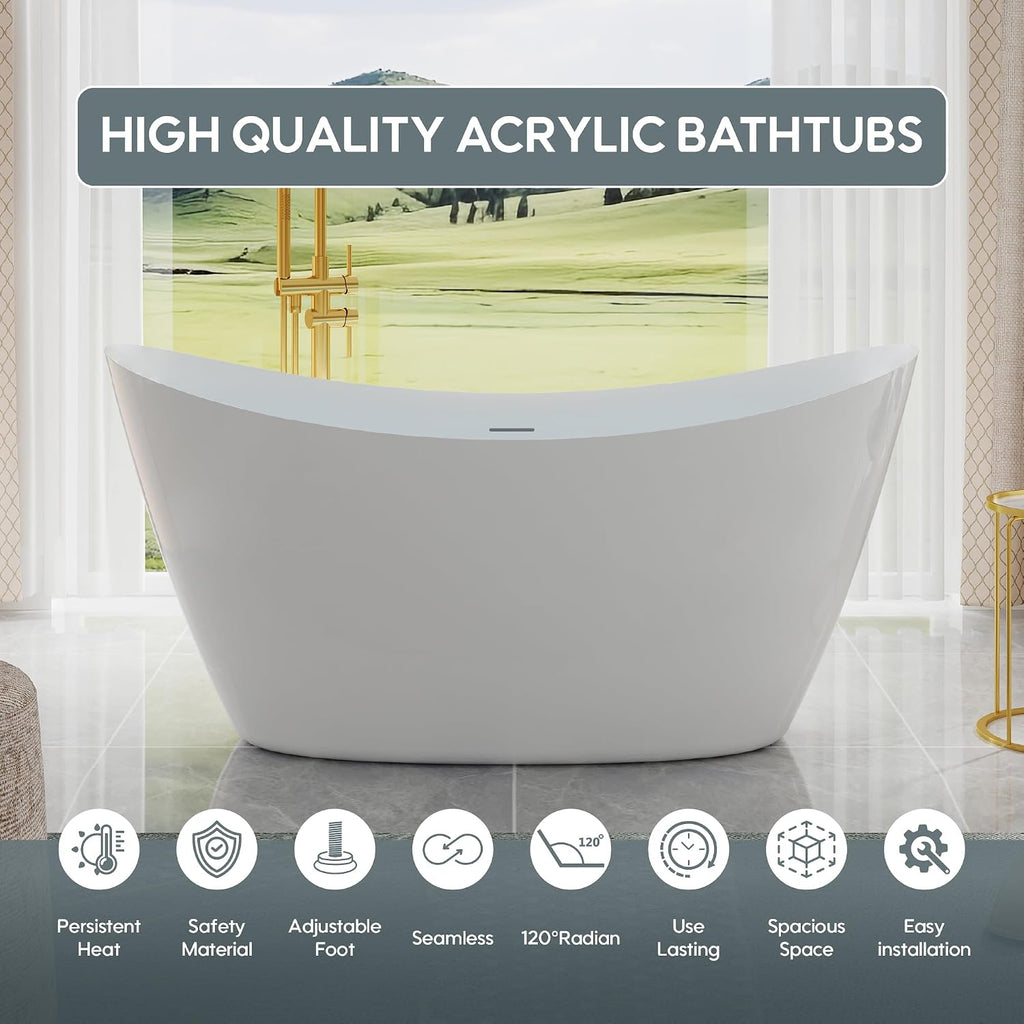 WELLFOR 60' Freestanding Acrylic Bathtub with Drain and Integrated Slotted Overflow, Soaking Bath Tub with Predrilled Overflow Holes, Soaking Bath Tub 56 Gallons Capacity, Glossy White