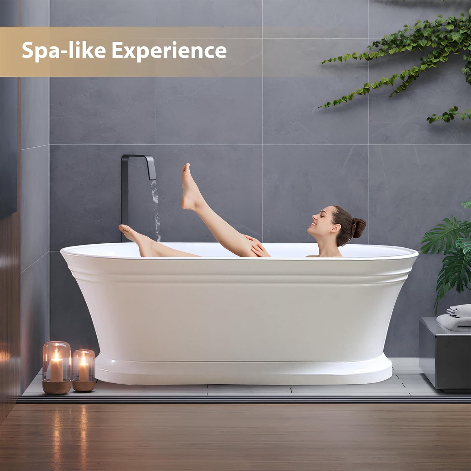 Vanity Art 59 x 30 Inches Freestanding Bathtub Acrylic Modern Stand Alone Soaking Tub with UPC Certified Slotted Overflow and Pop-up Center Drain, White VA6610-S-BN