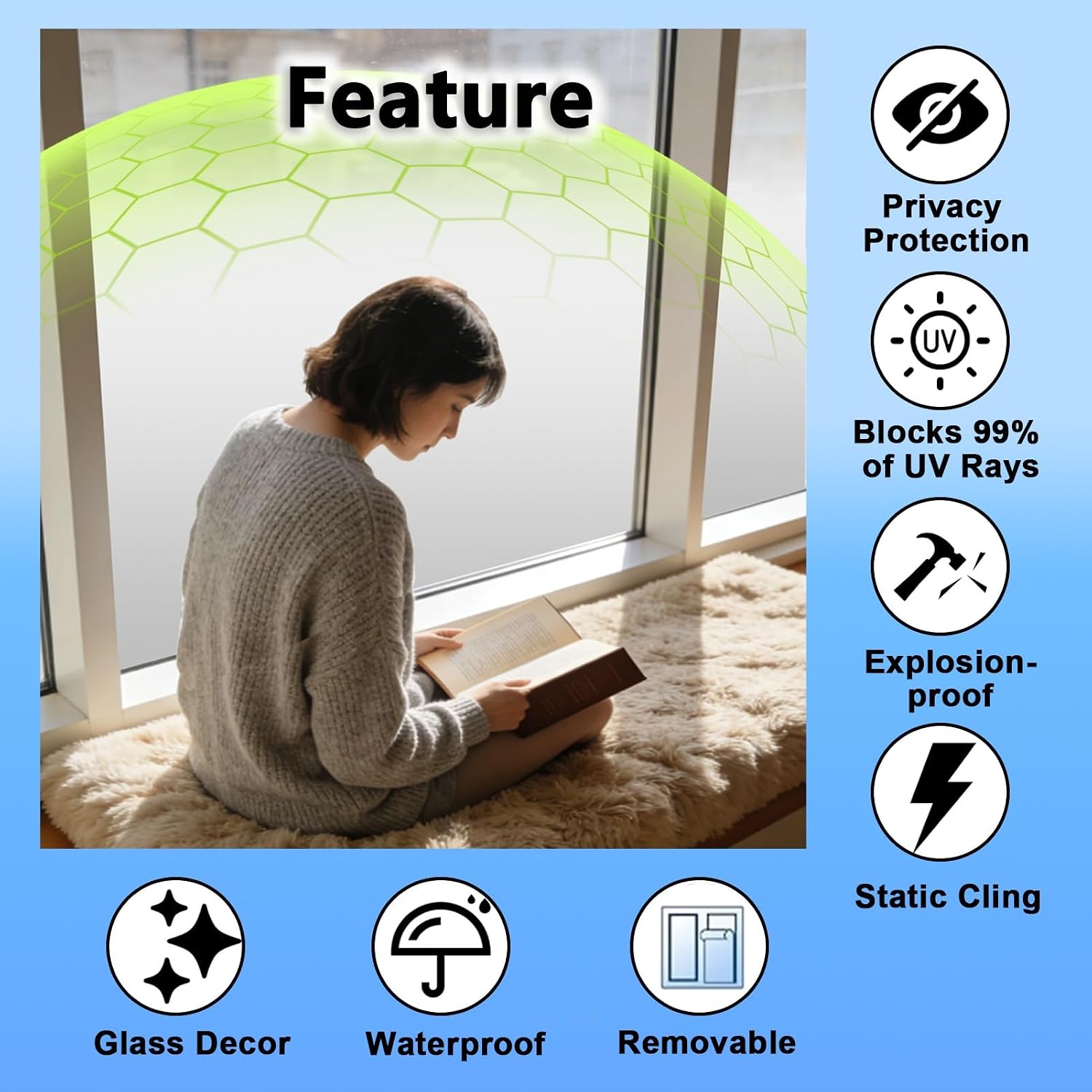 Gradient Window Film One Way Gradient Dot Patterns Privacy Film, 72 in Tall Frosted Window Gradual Clings, Non-Adhesive Glass Sticker for Hotel Office Shower Door(W 163in/414cm)