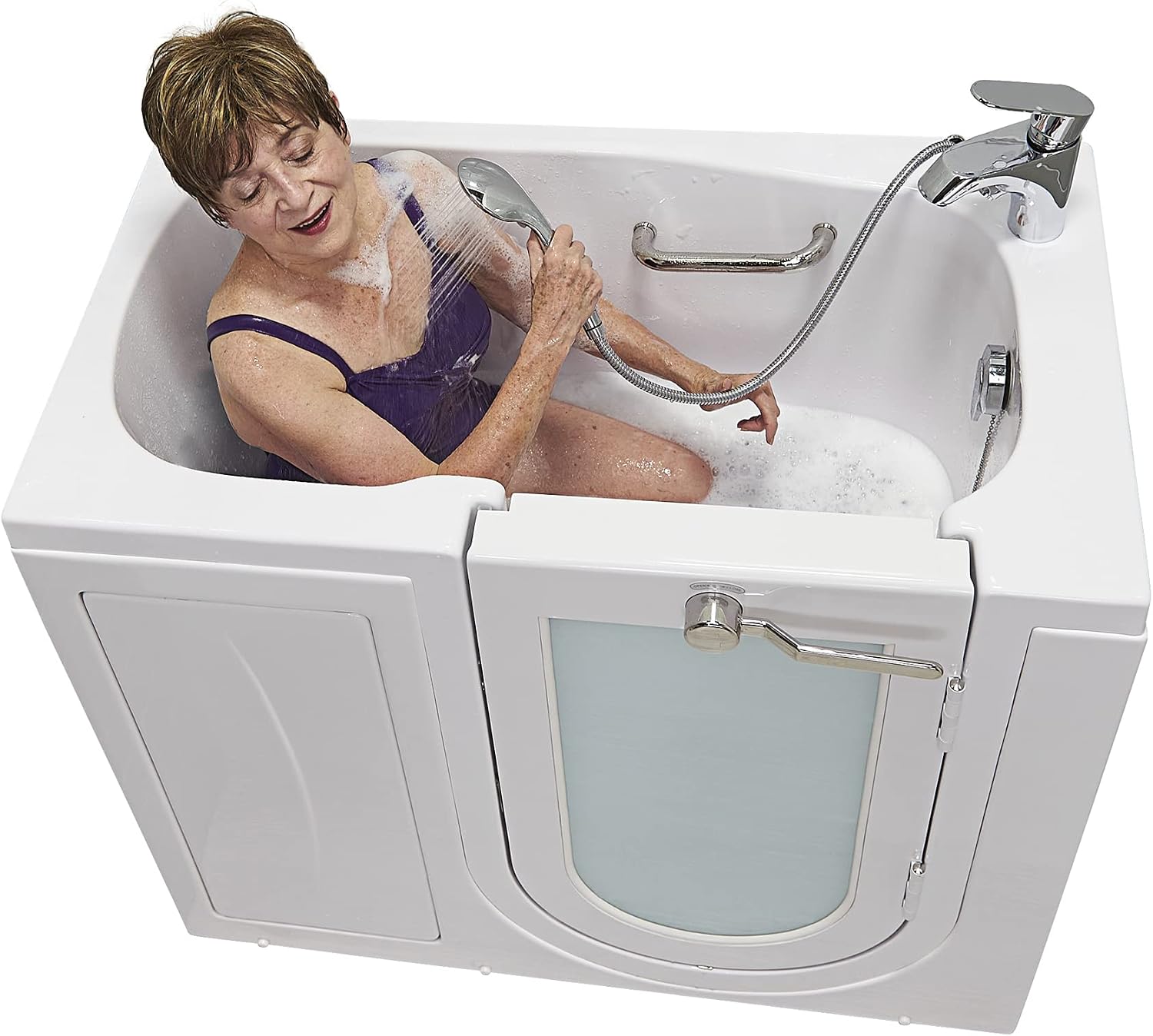 Ella Mobile 26'x45 Acrylic Soaking Walk-In-Bathtub, Right Outward Swing Door, Heated Seat, 2 Piece Fast Fill Faucet, 2' Drain